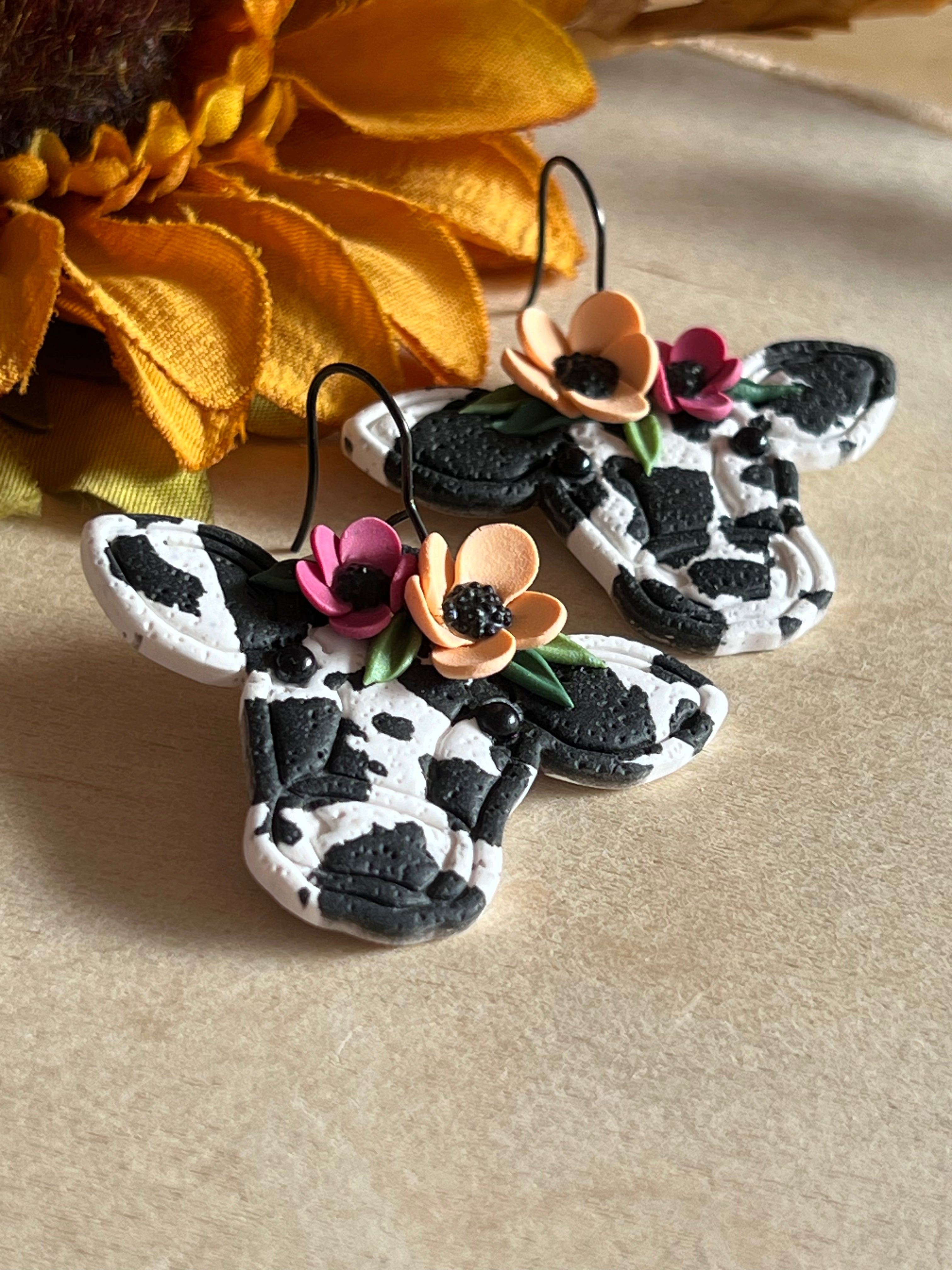 Flower Crown Cow Handmade Clay Earrings