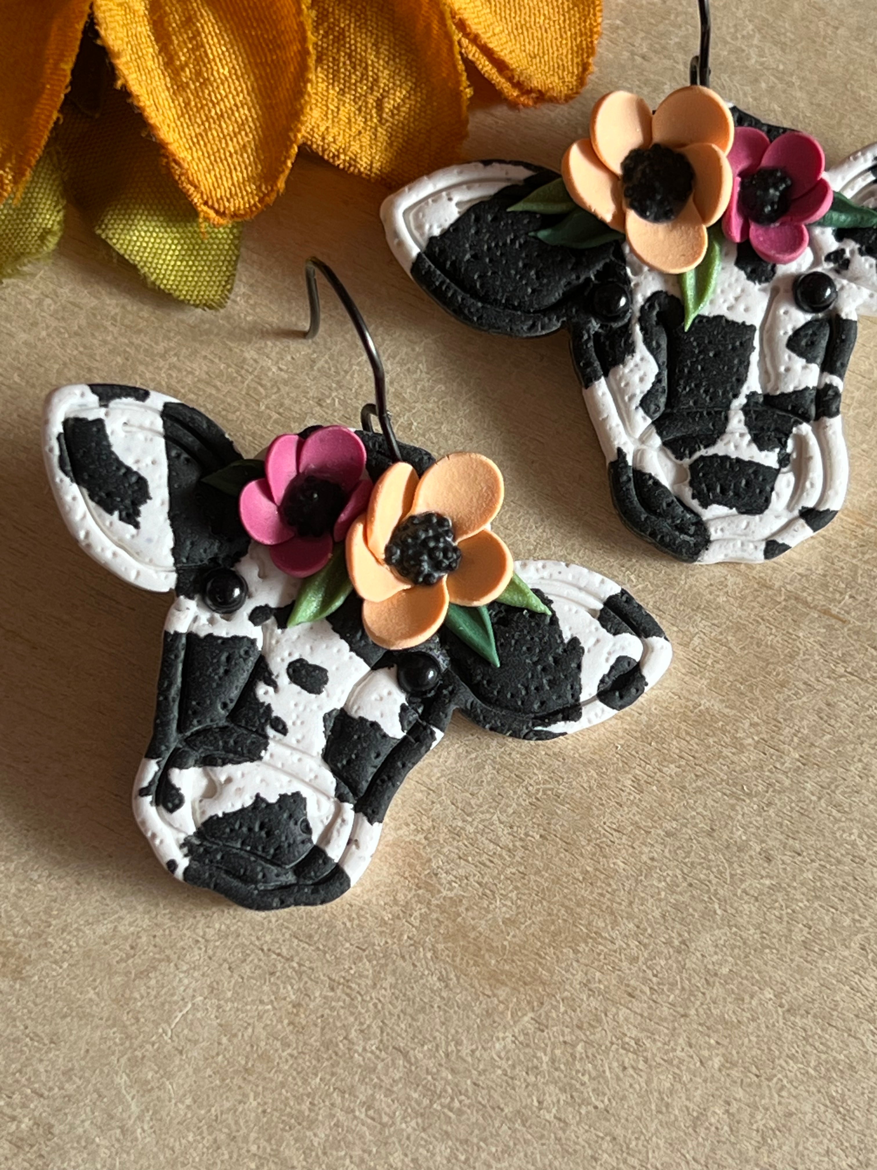 Flower Crown Cow Handmade Clay Earrings