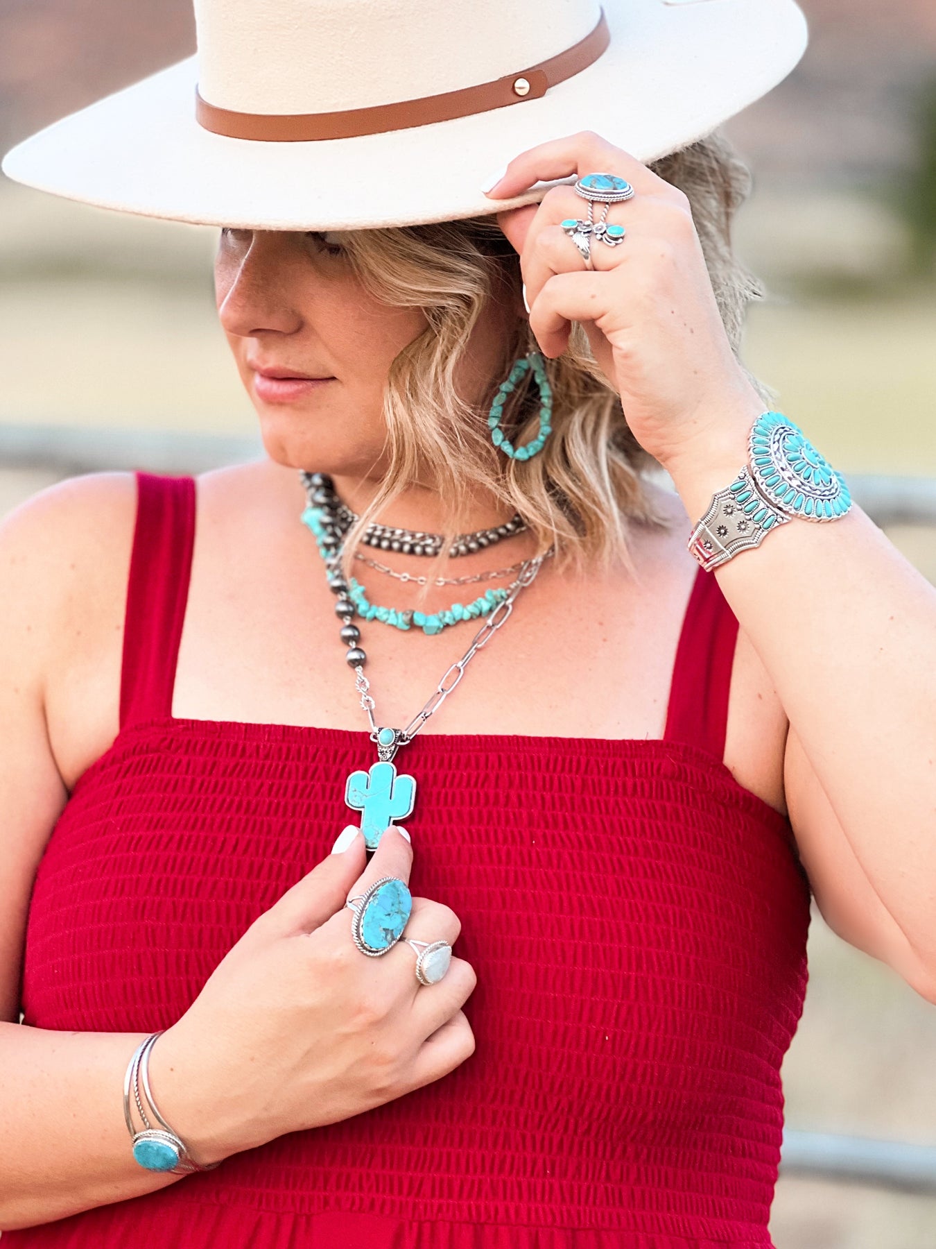 Woman wearing turquoise jewelry