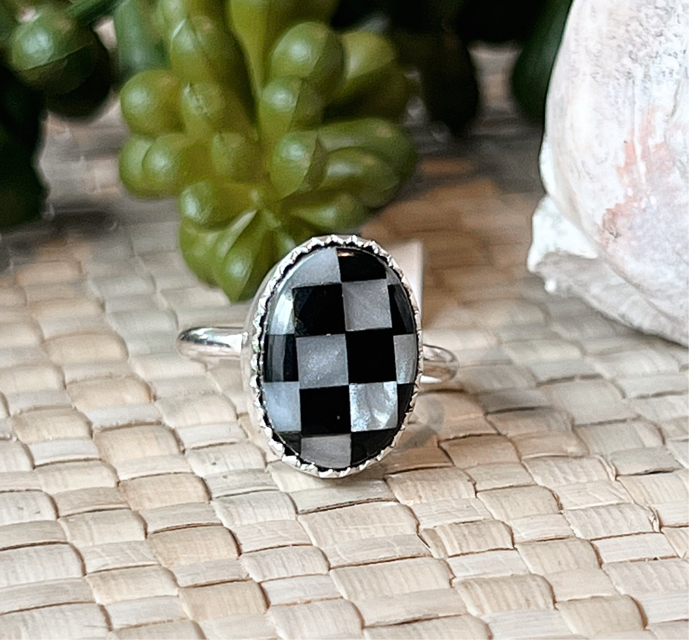 Knightfall Checker Abalone & Onyx Sterling Silver Ring