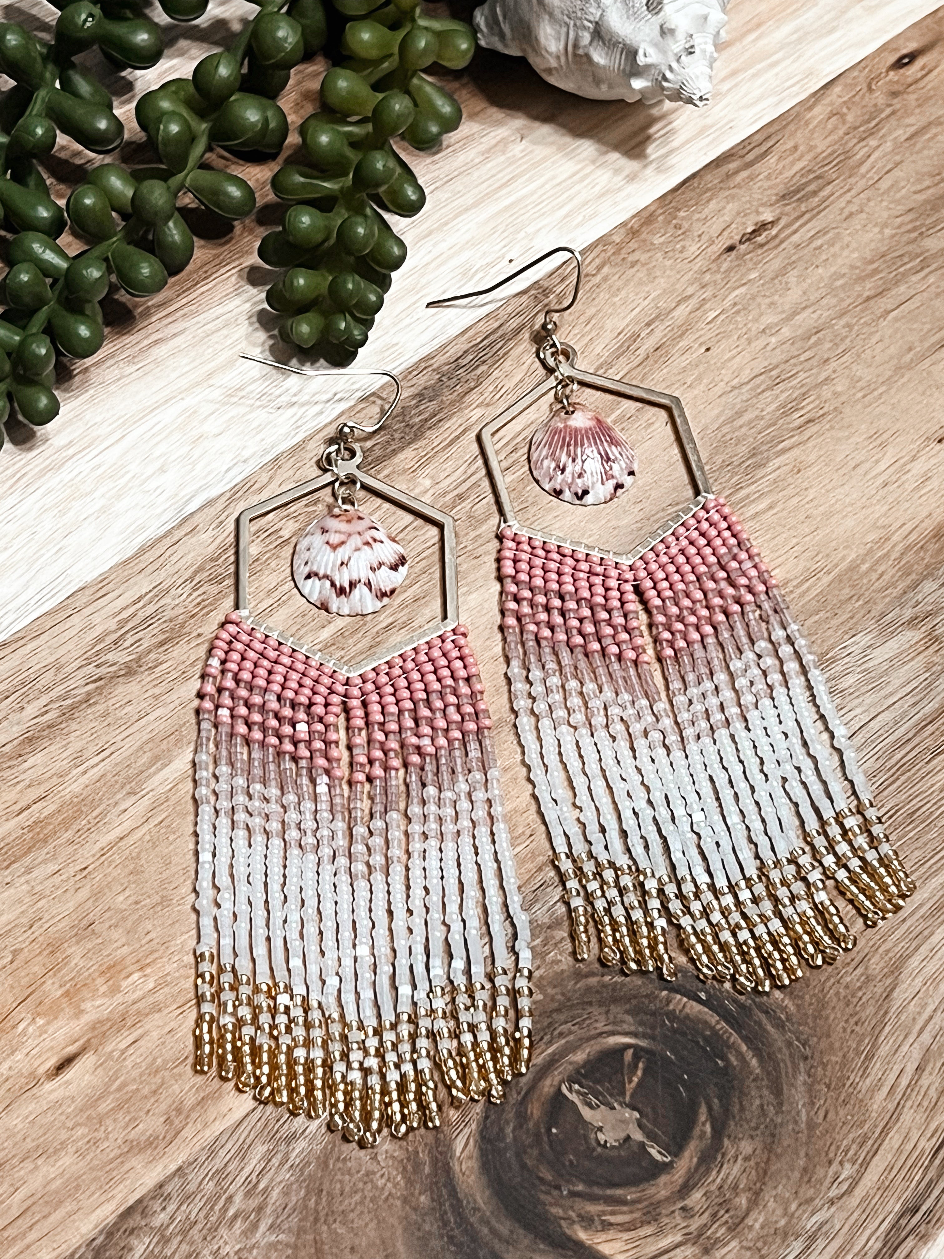 Shimmer Calico Shell Hand Beaded Earrings