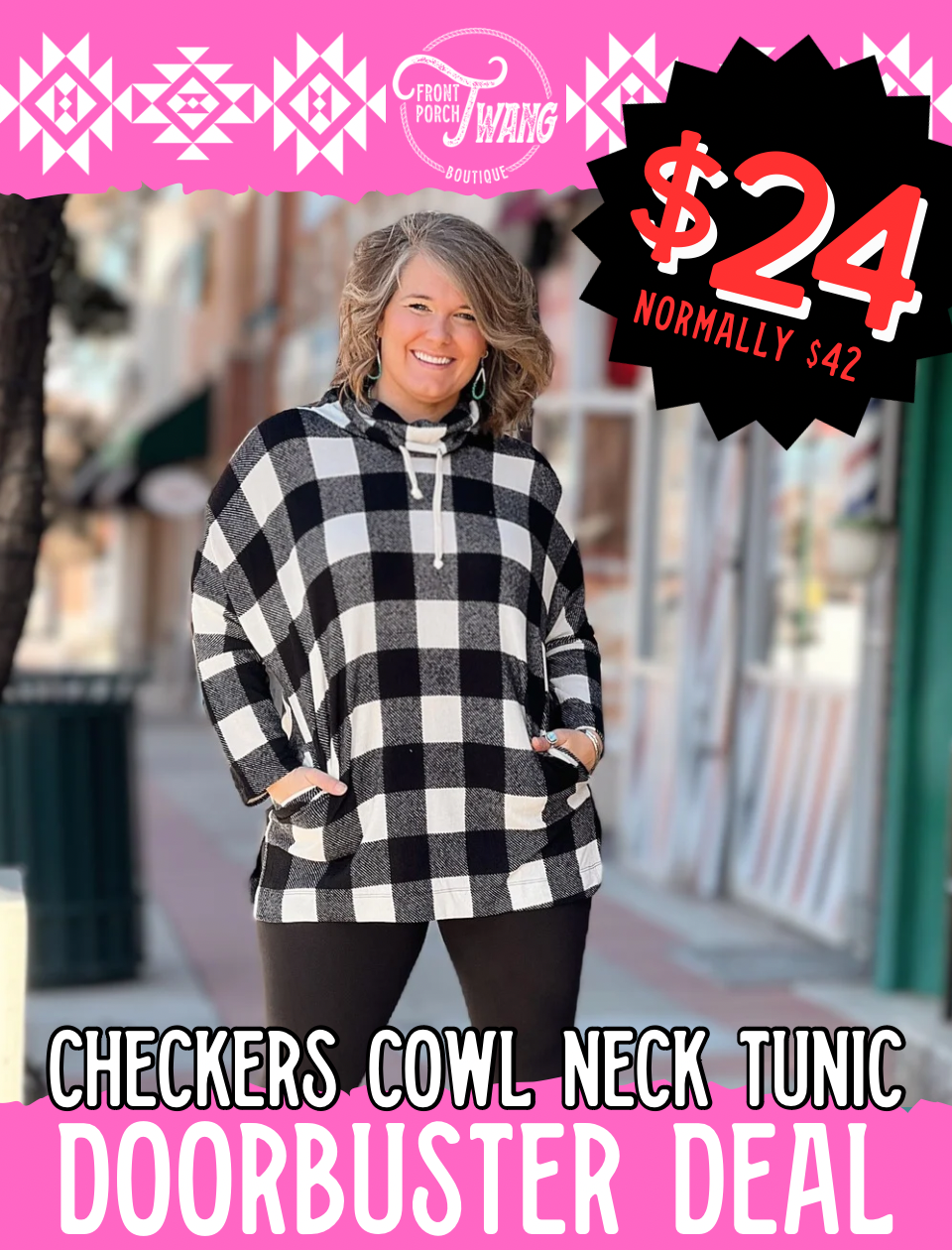 Checkers Cowl Neck Top