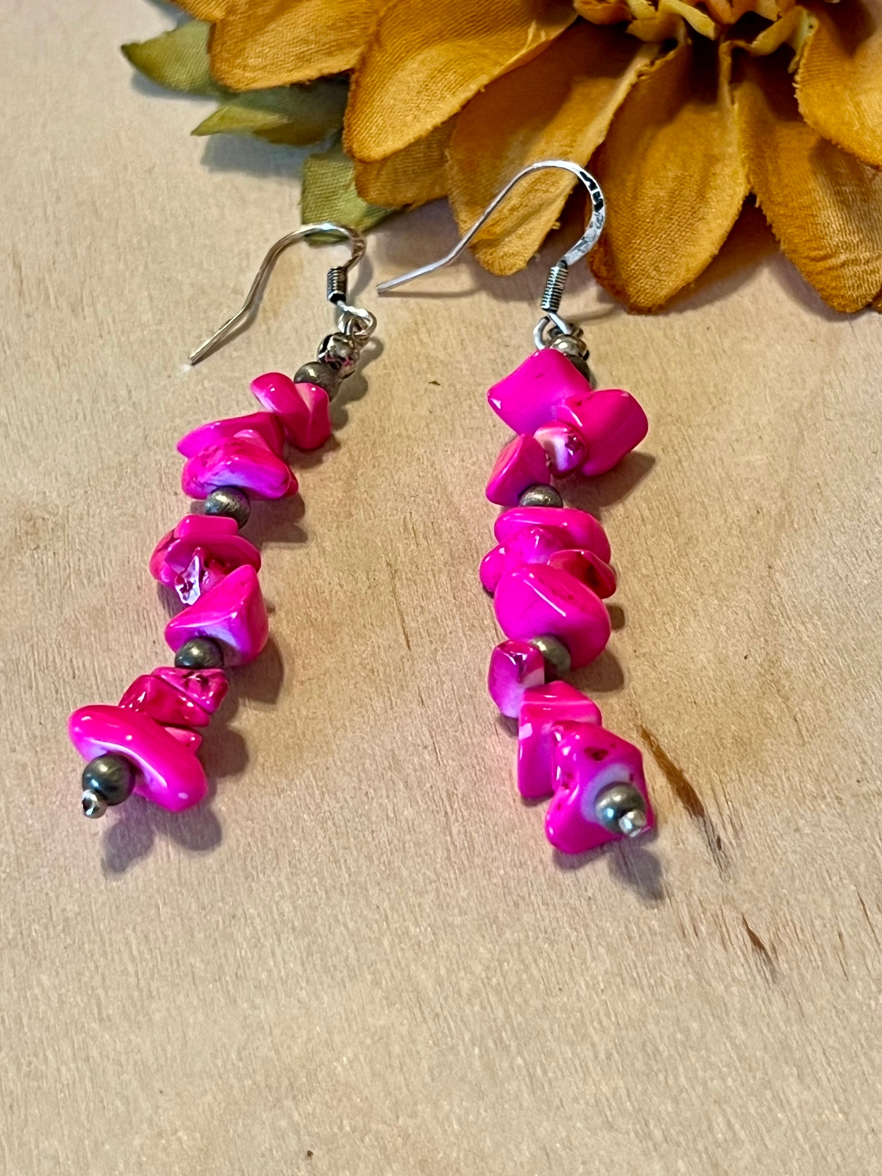 Hot Pink Stone Dangle Earrings