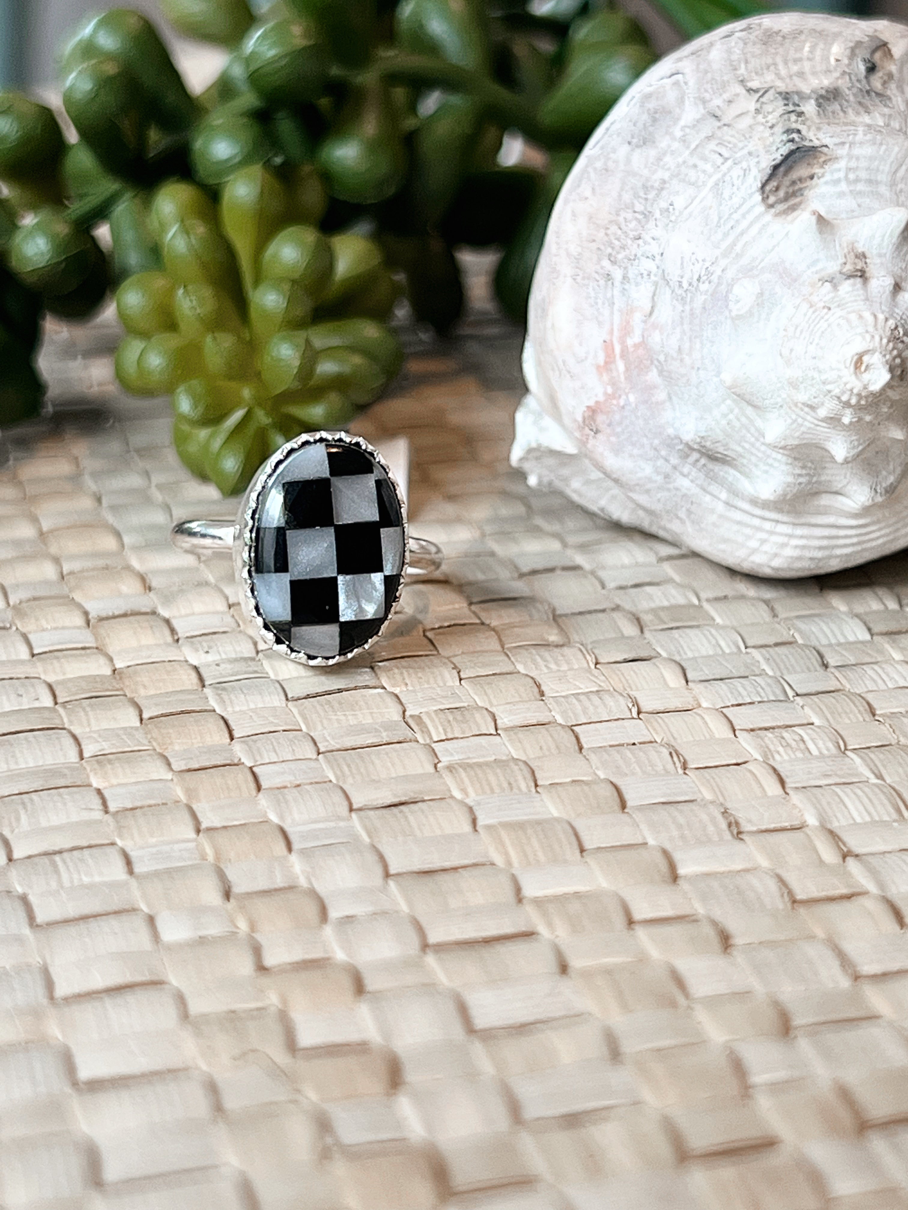 Knightfall Checker Abalone & Onyx Sterling Silver Ring