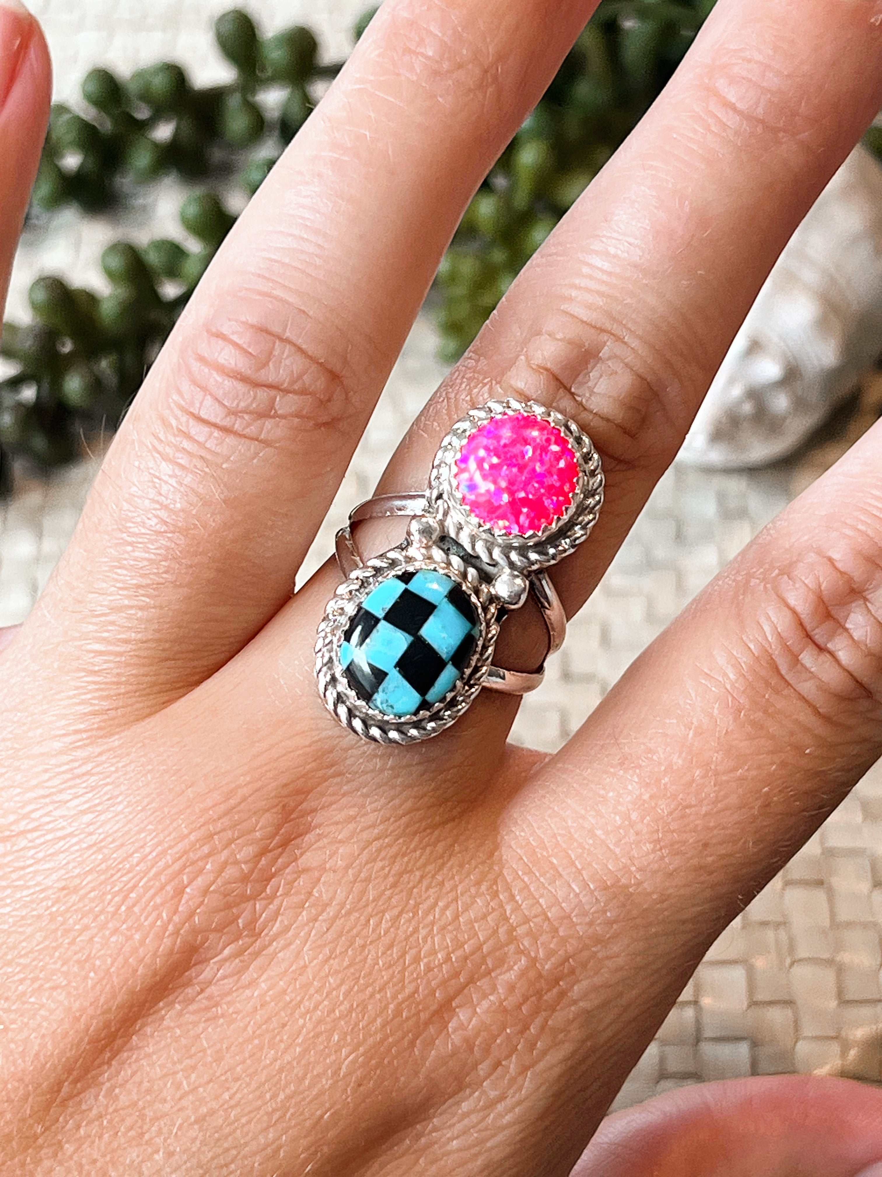 Jewel Jigsaw Opal & Turquoise & Onyx Sterling Silver Ring