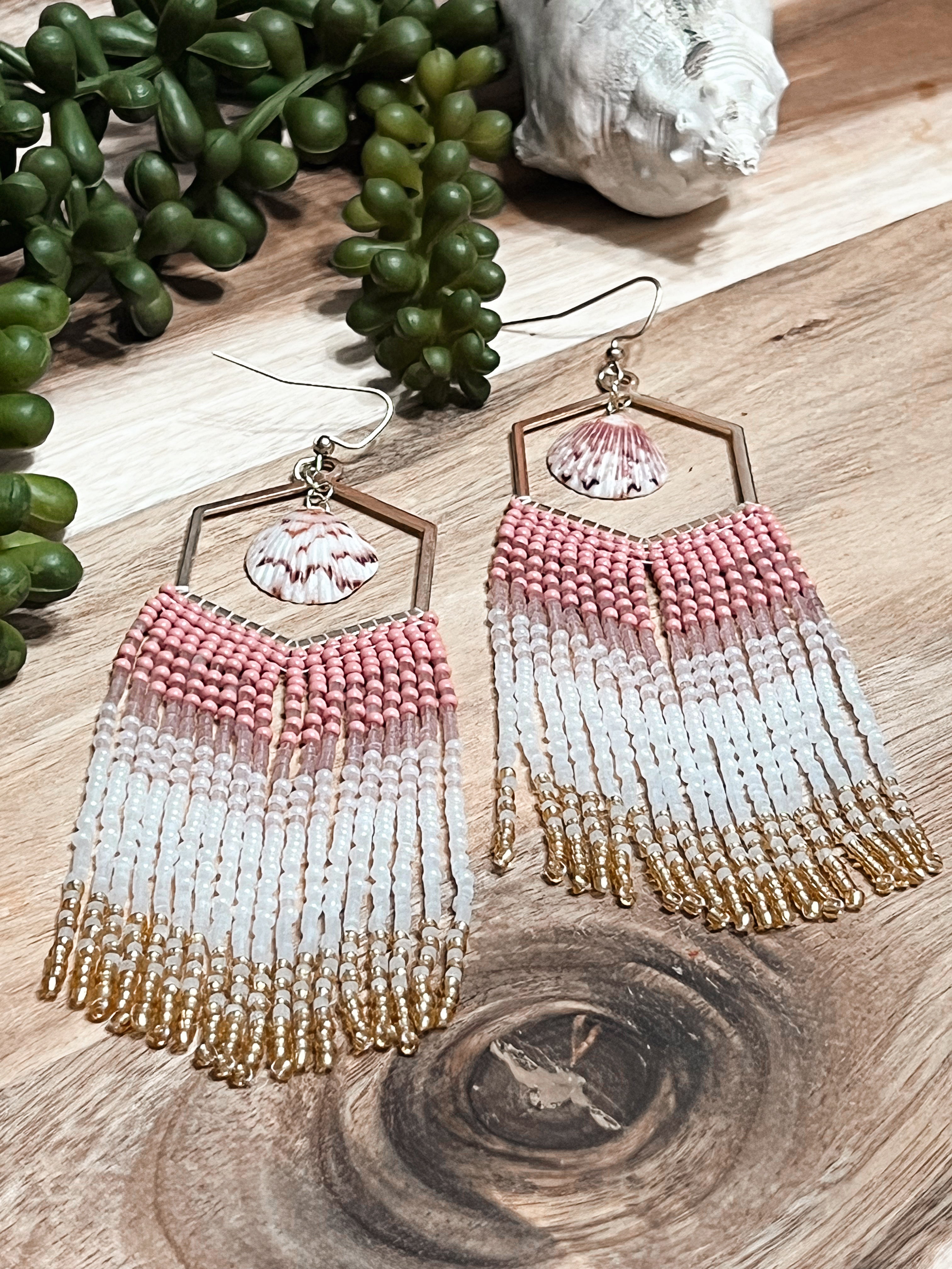 Shimmer Calico Shell Hand Beaded Earrings