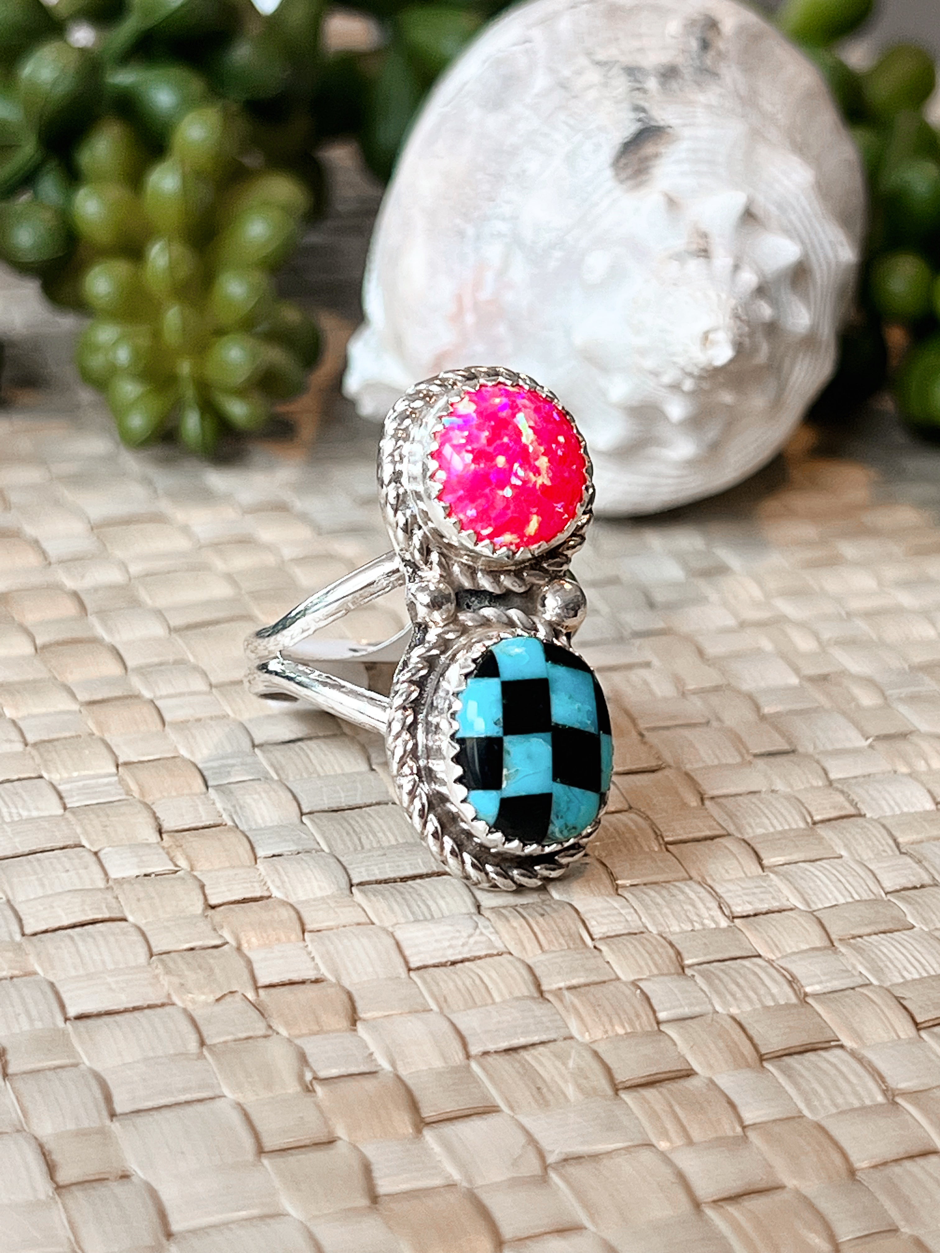 Jewel Jigsaw Opal & Turquoise & Onyx Sterling Silver Ring