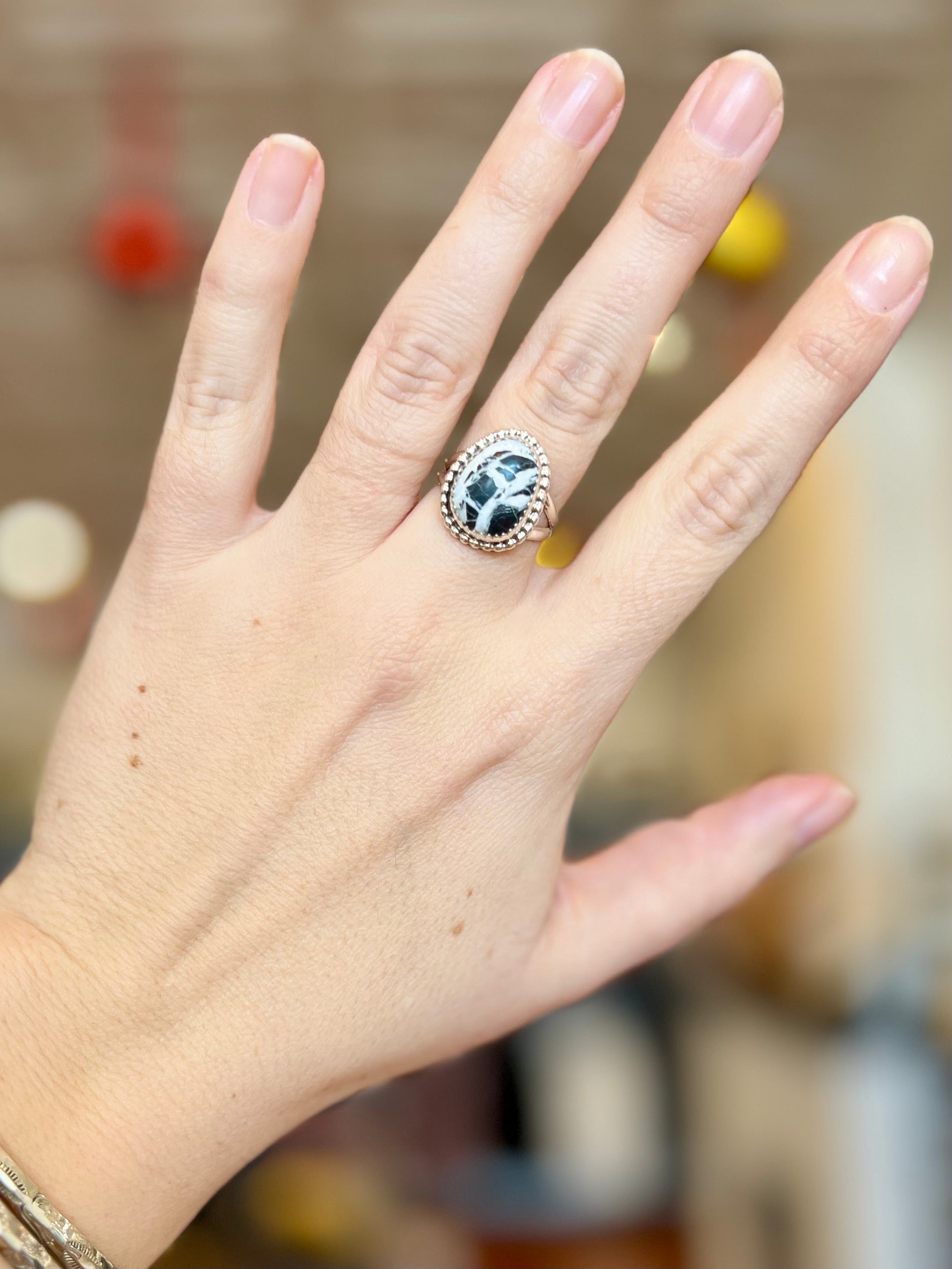 Spider Web White Buffalo Sterling Silver Ring