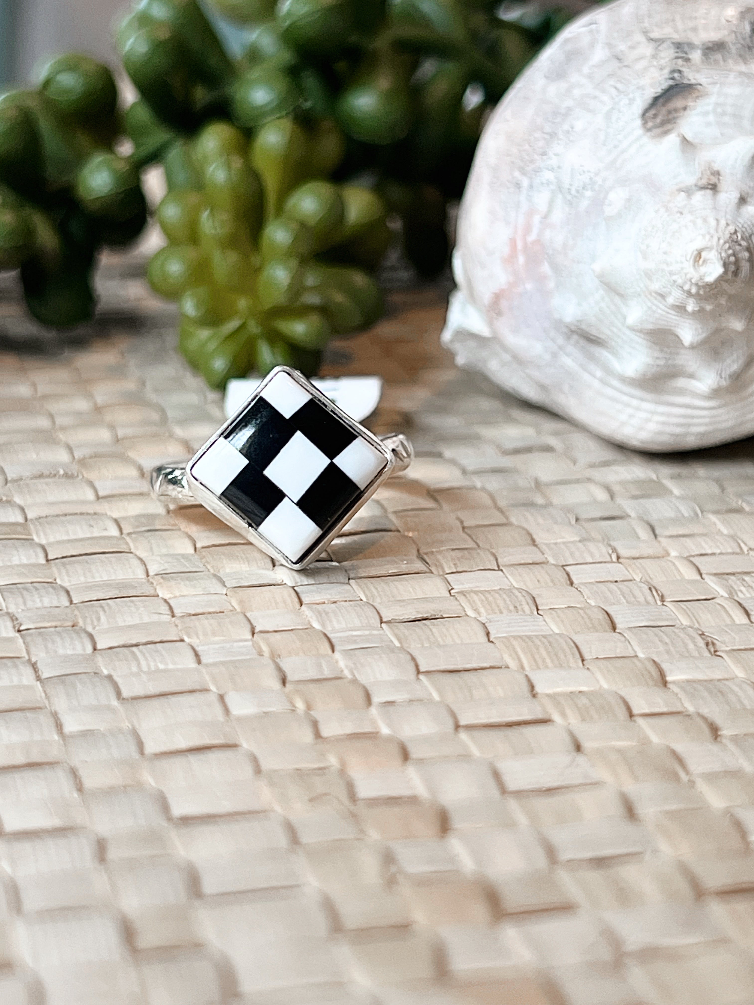 Queen’s Gambit Checker White Buffalo & Onyx Sterling Silver Ring