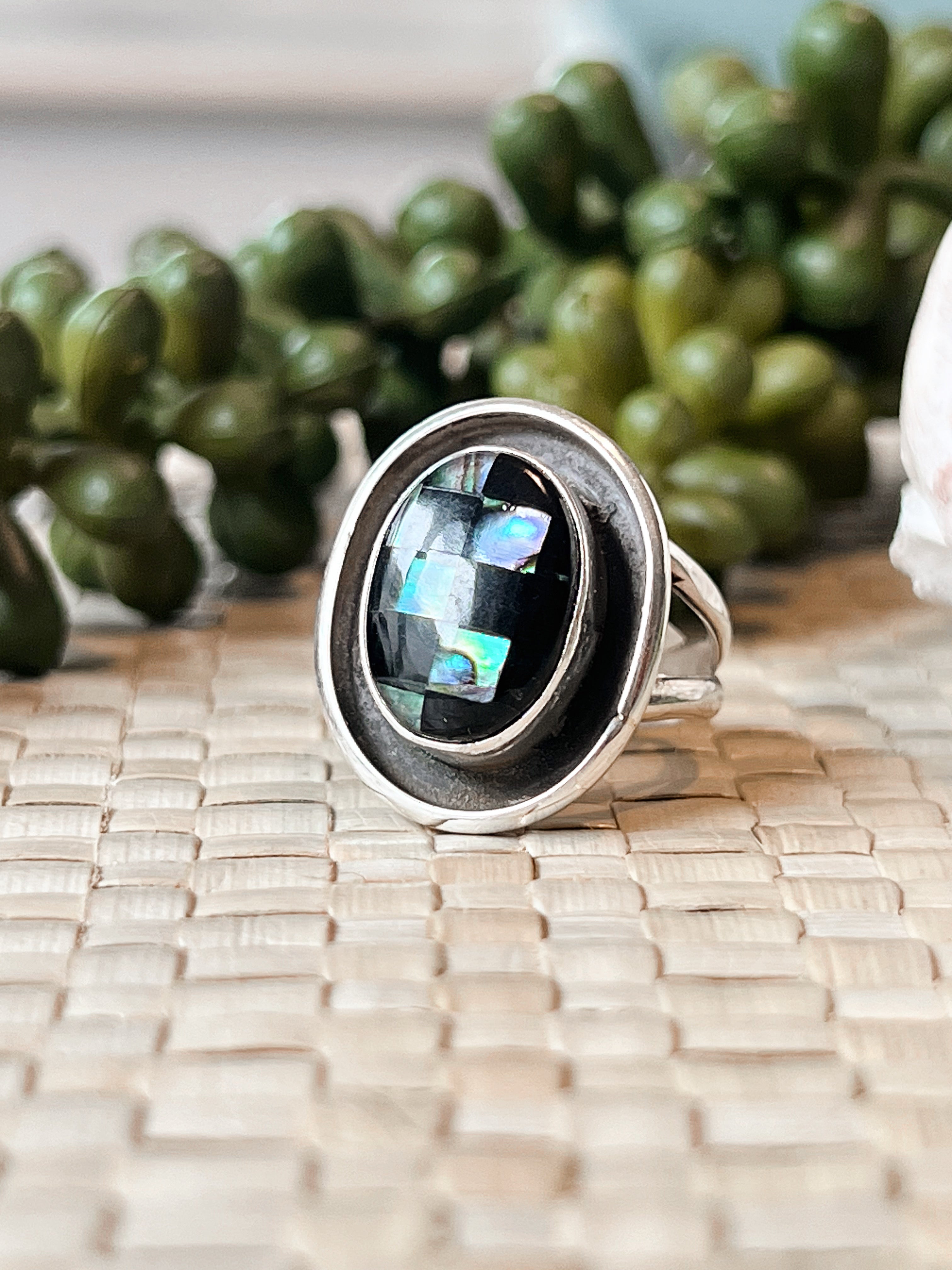 Shadowbox Abalone & Onyx Sterling Silver Ring