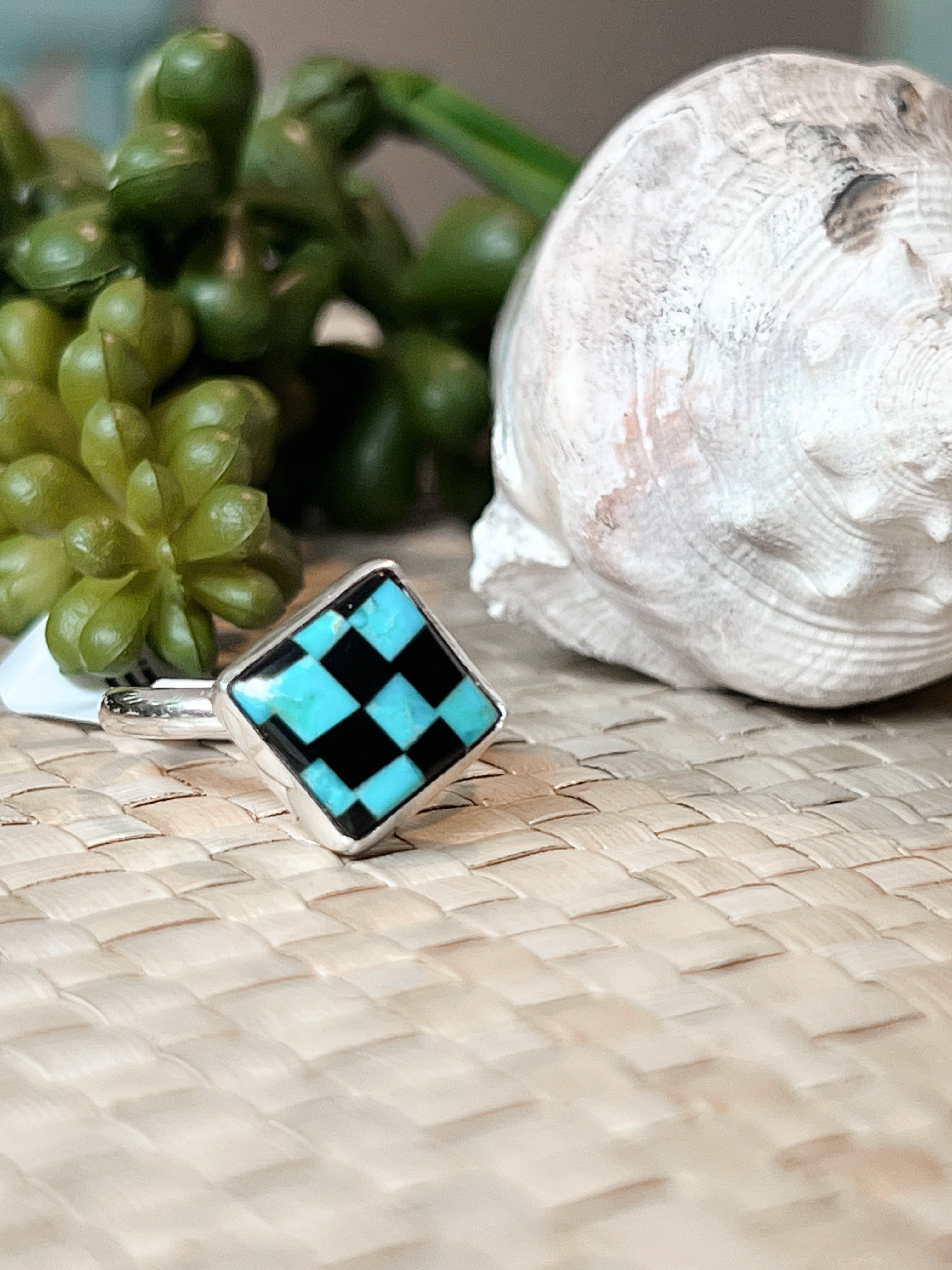 Stone Mosaic Turquoise & Onyx Sterling Silver Ring