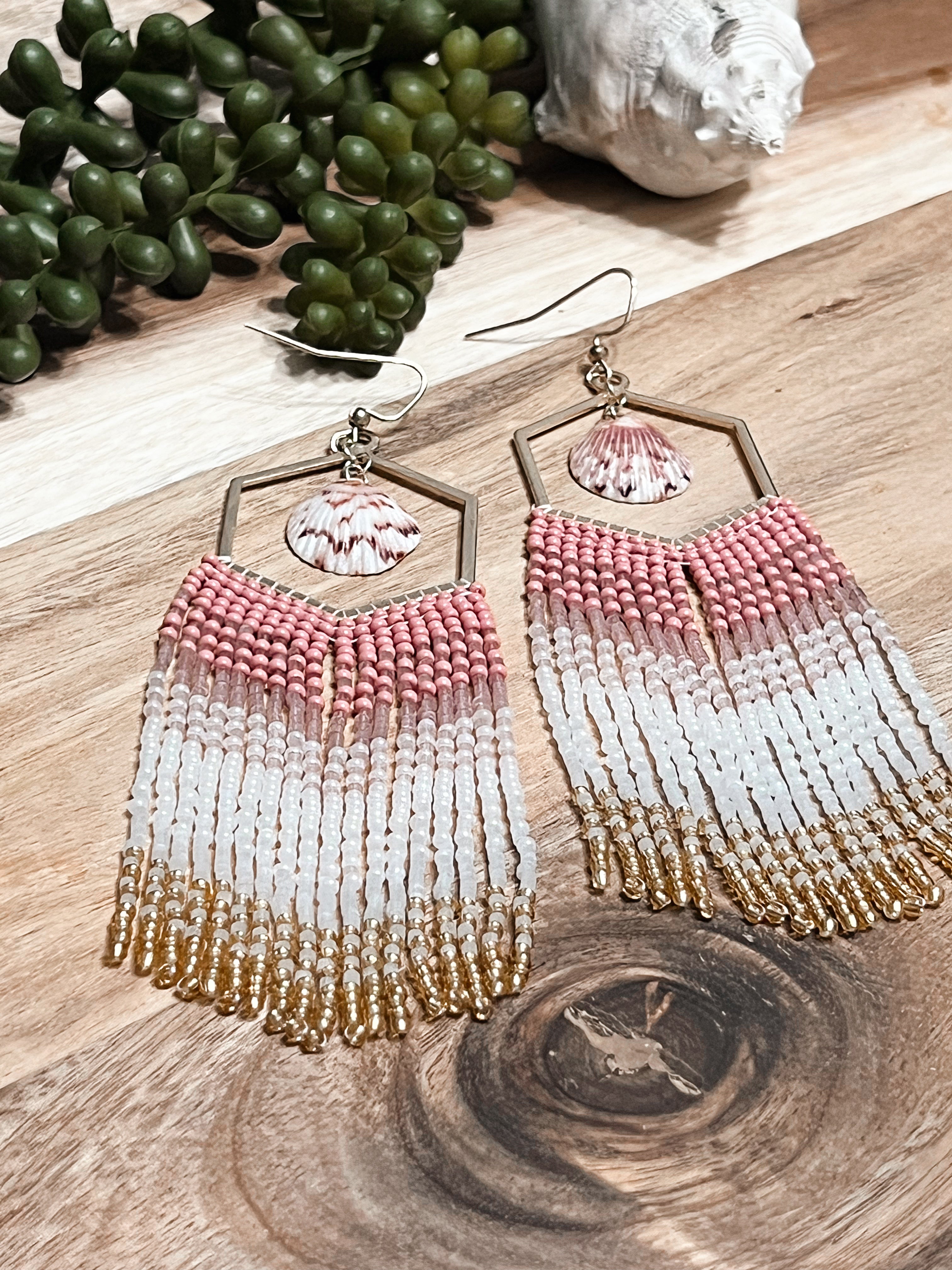 Shimmer Calico Shell Hand Beaded Earrings