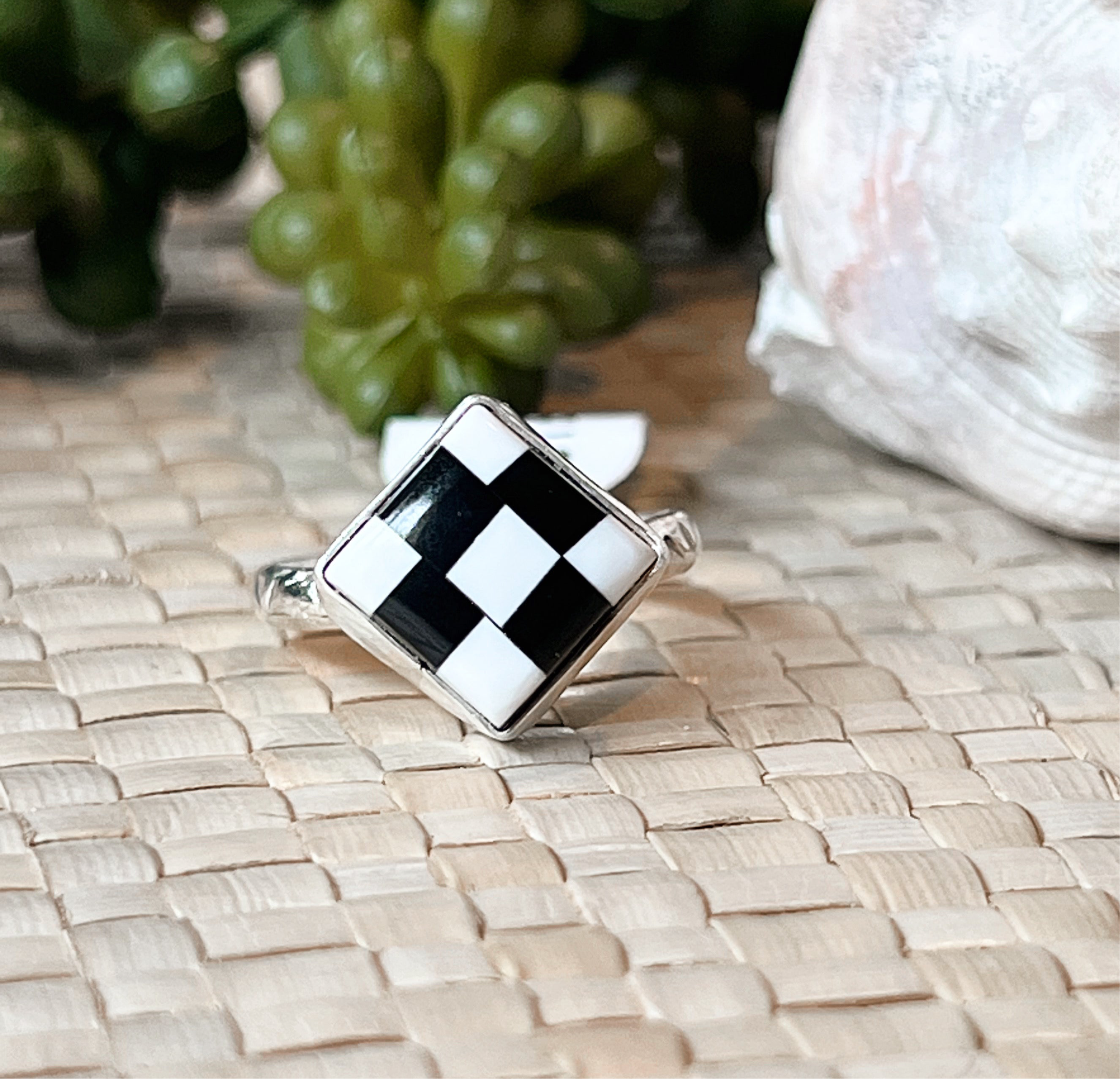 Queen’s Gambit Checker White Buffalo & Onyx Sterling Silver Ring