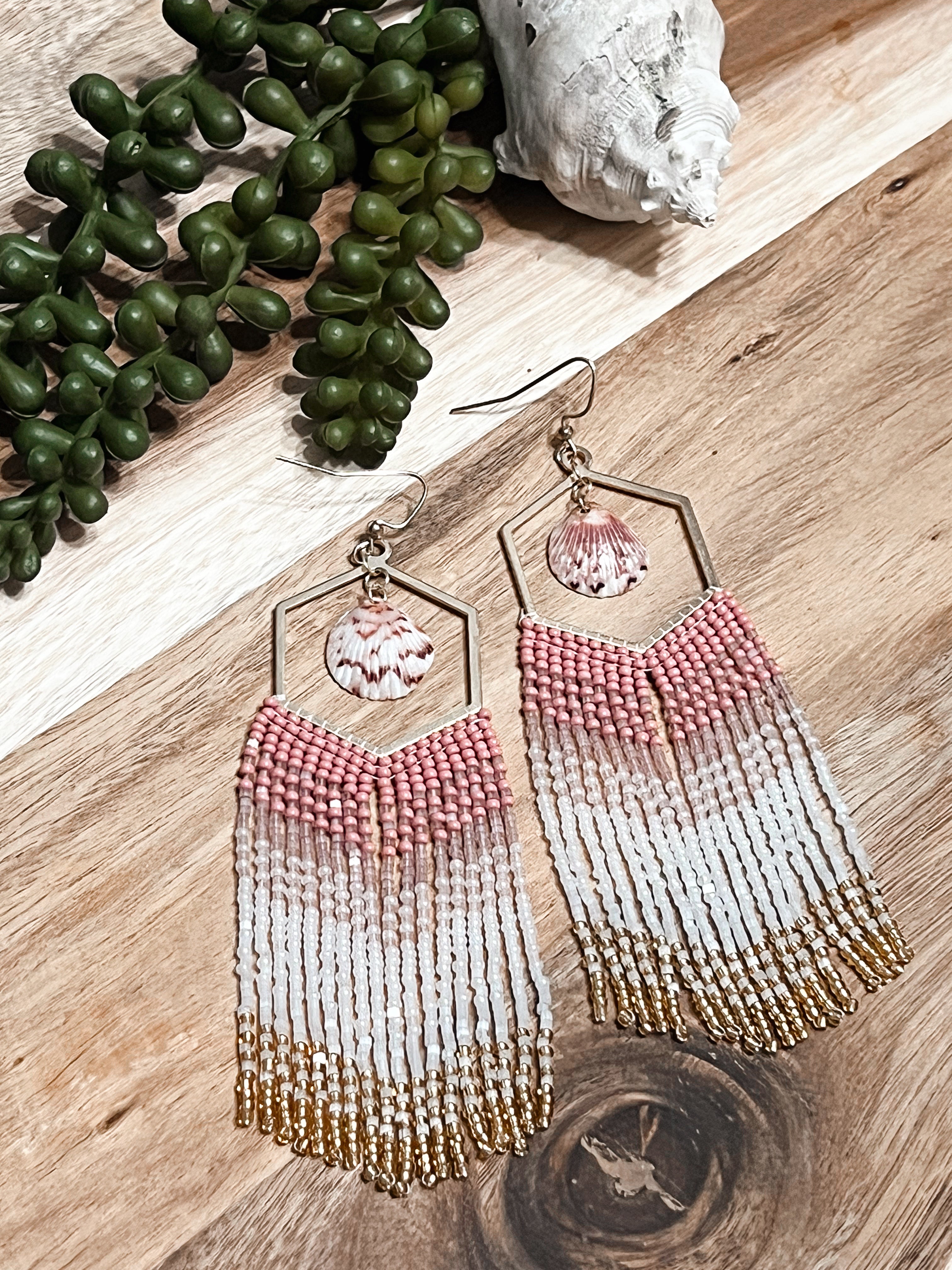 Shimmer Calico Shell Hand Beaded Earrings