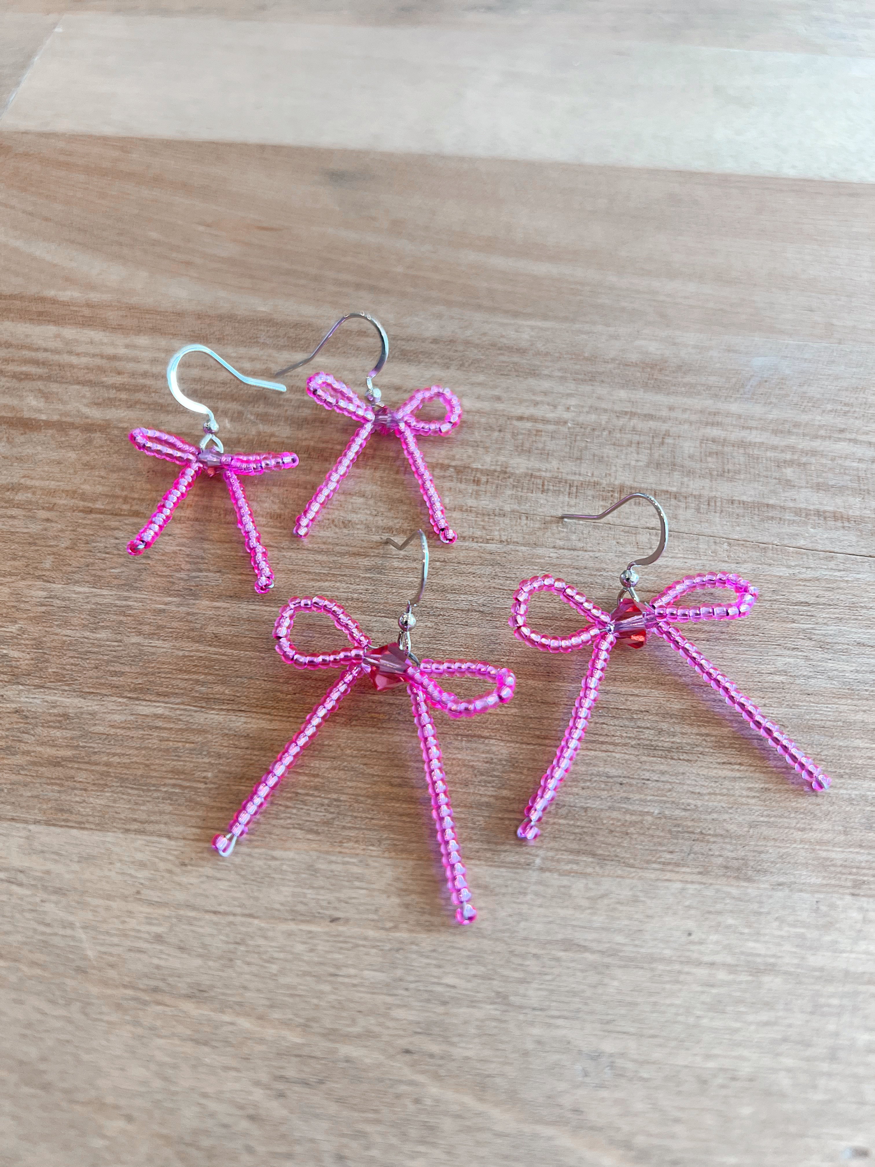 Pink Bow Handbeaded Earrings