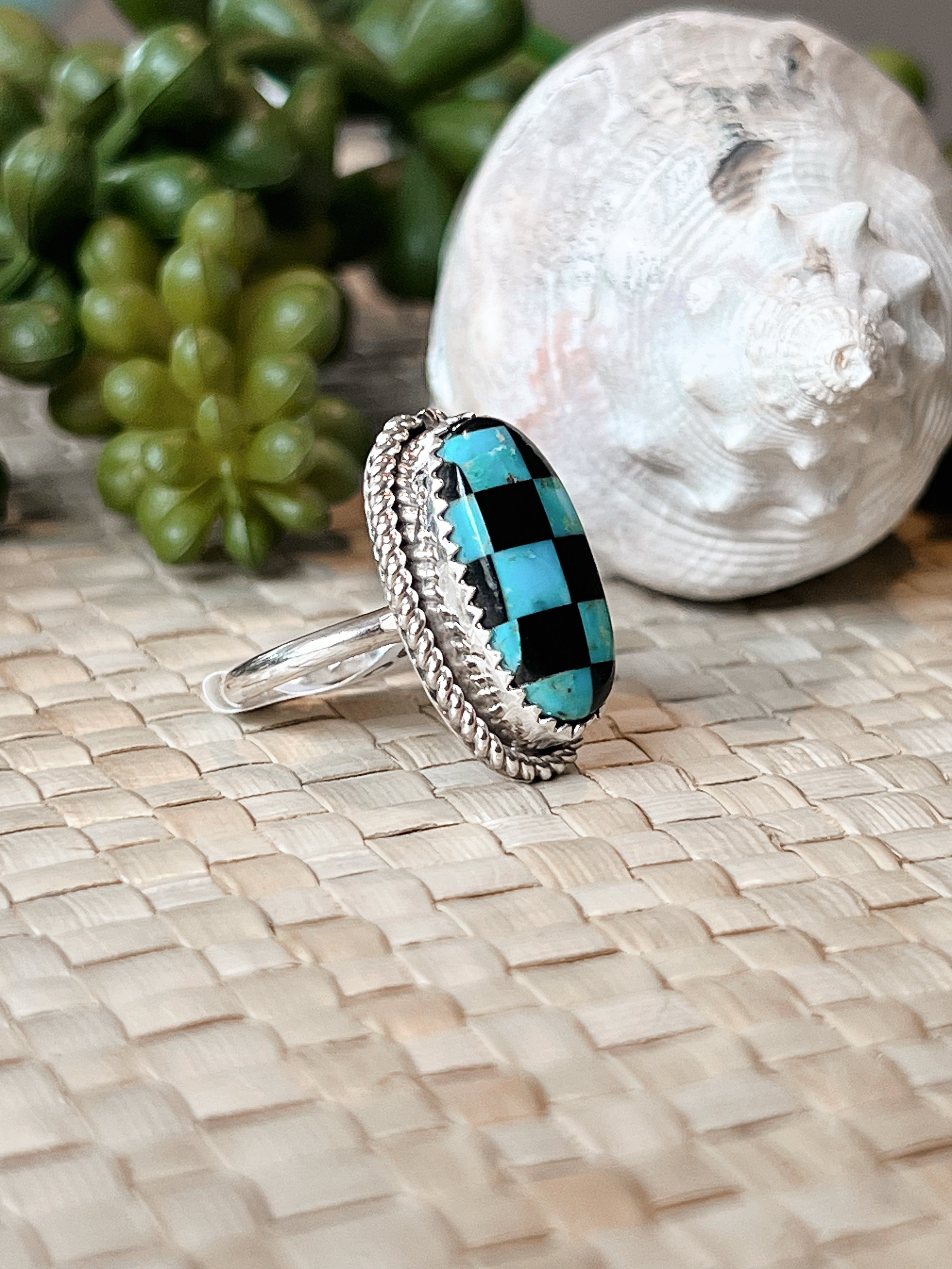 Luxe Lattice Checker Turquoise & Onyx Sterling Silver Ring