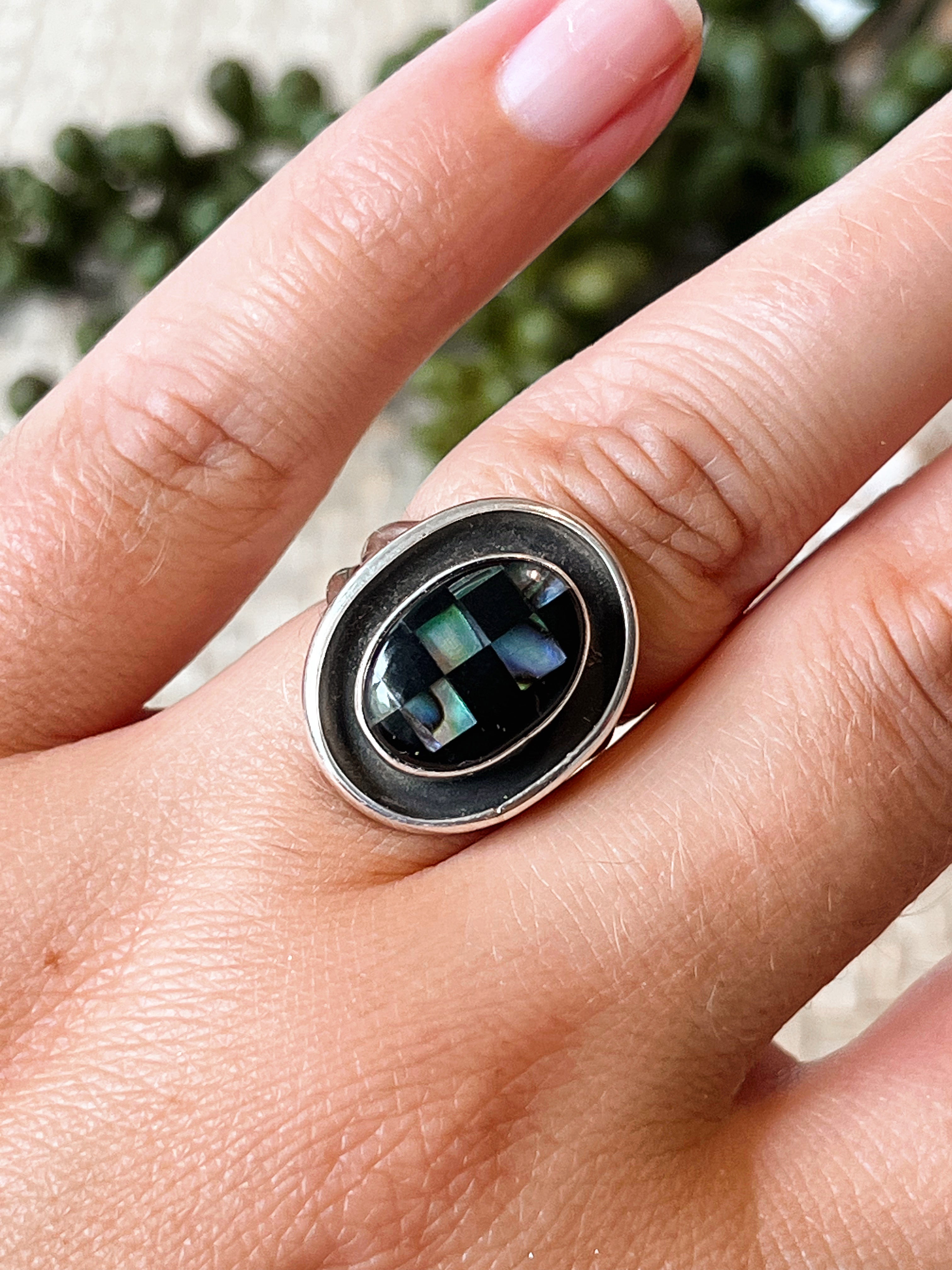 Shadowbox Abalone & Onyx Sterling Silver Ring