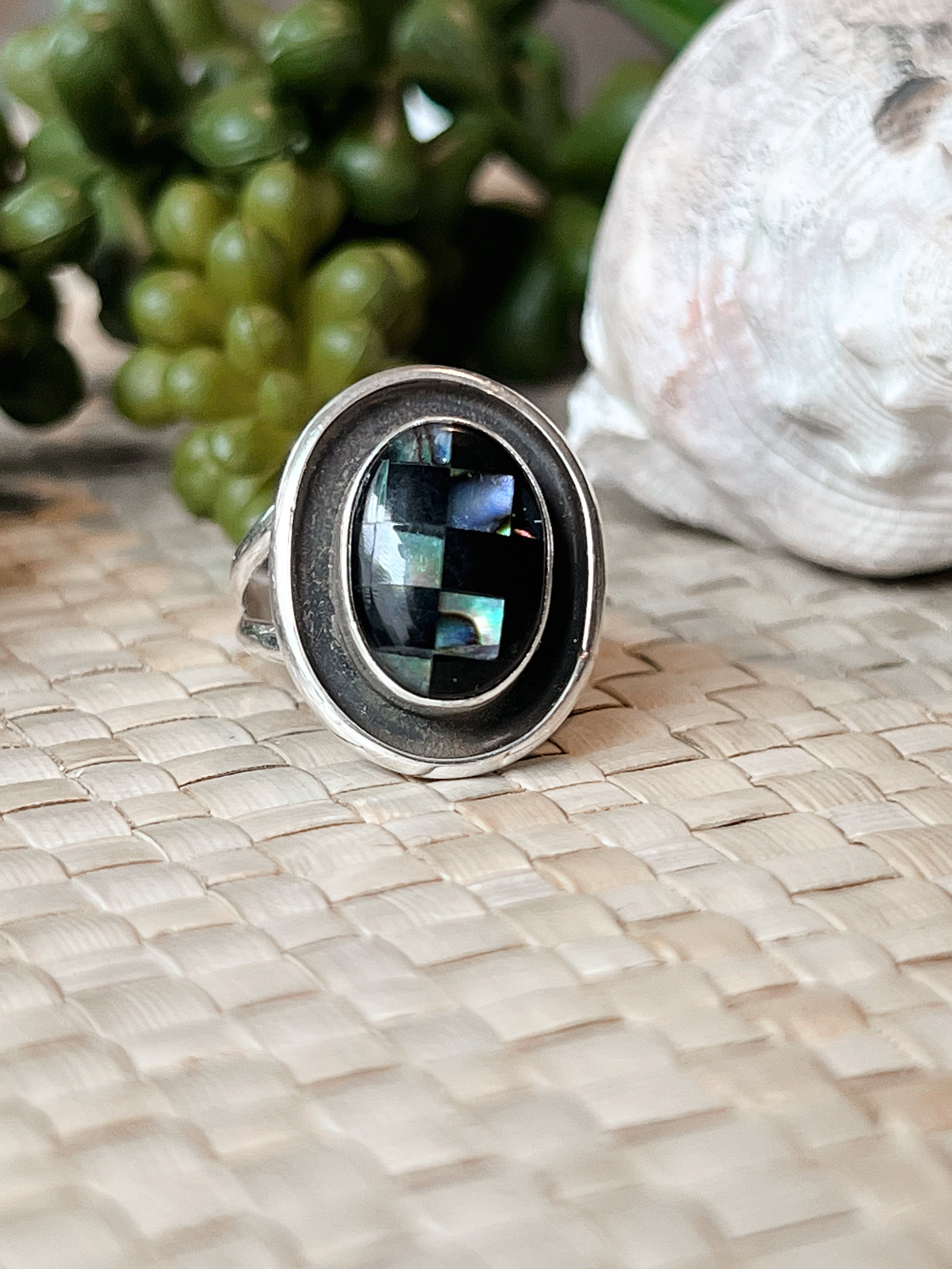 Shadowbox Abalone & Onyx Sterling Silver Ring