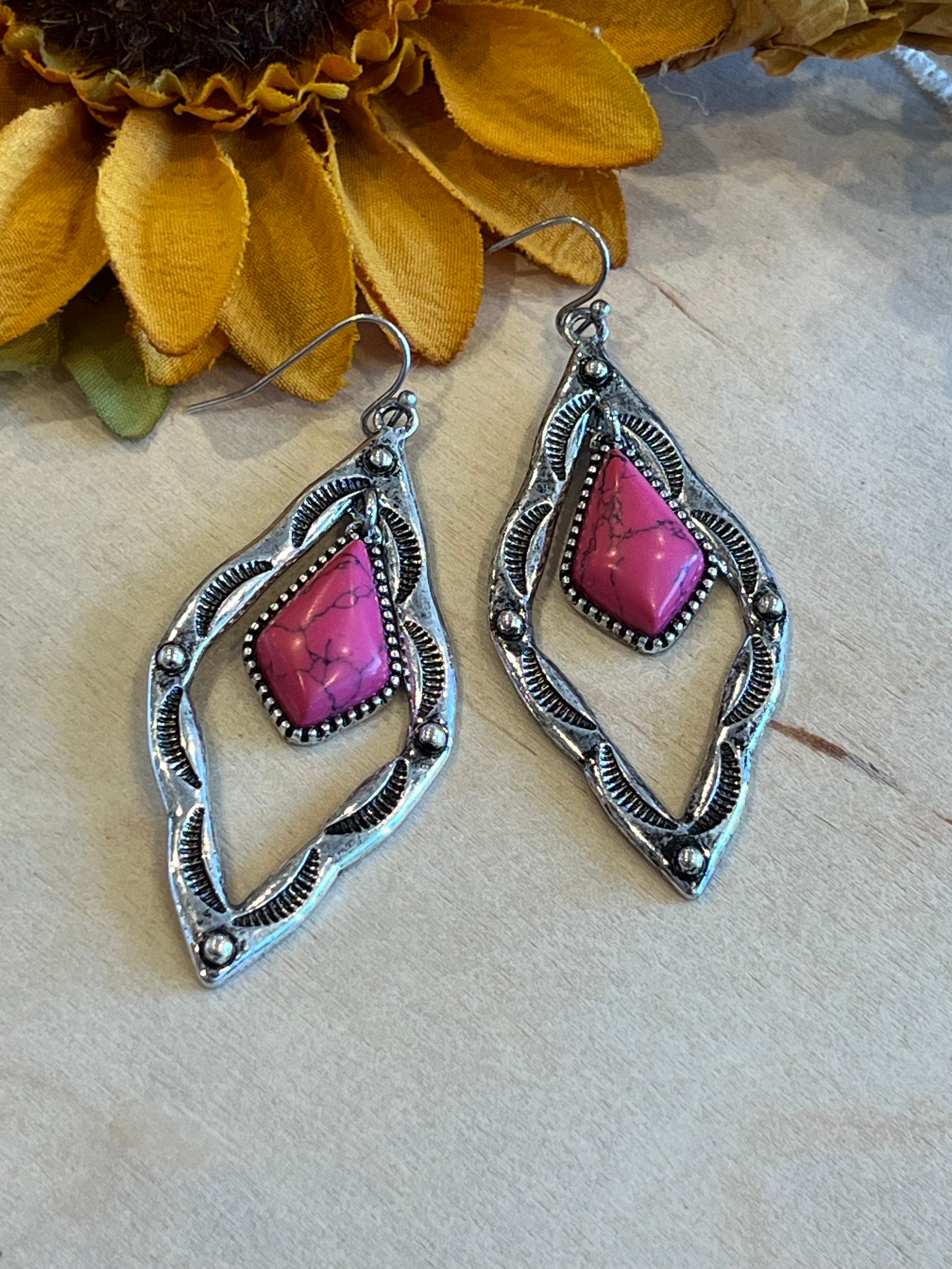 Hot Pink Diamond Dangle Earrings