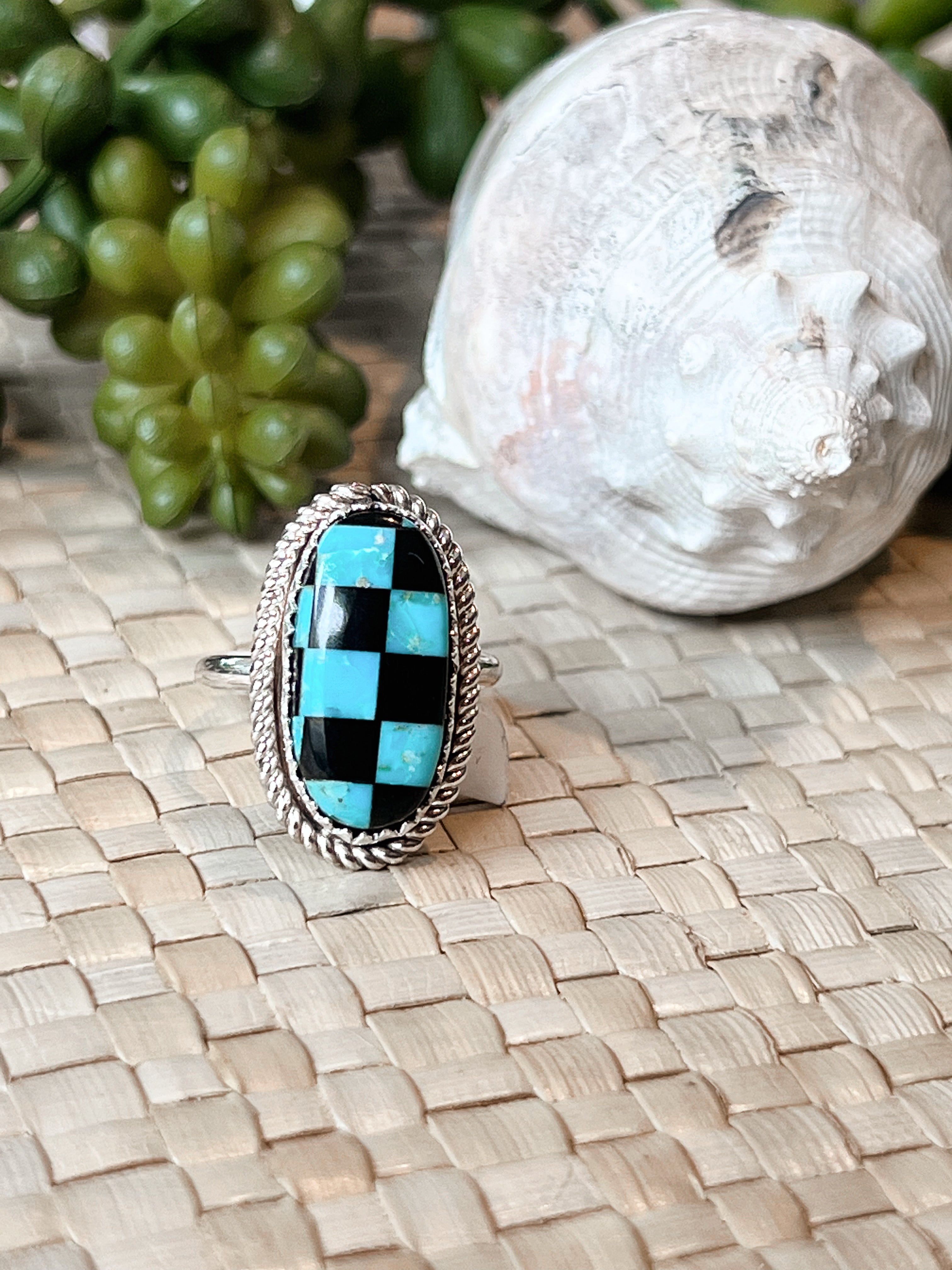 Luxe Lattice Checker Turquoise & Onyx Sterling Silver Ring