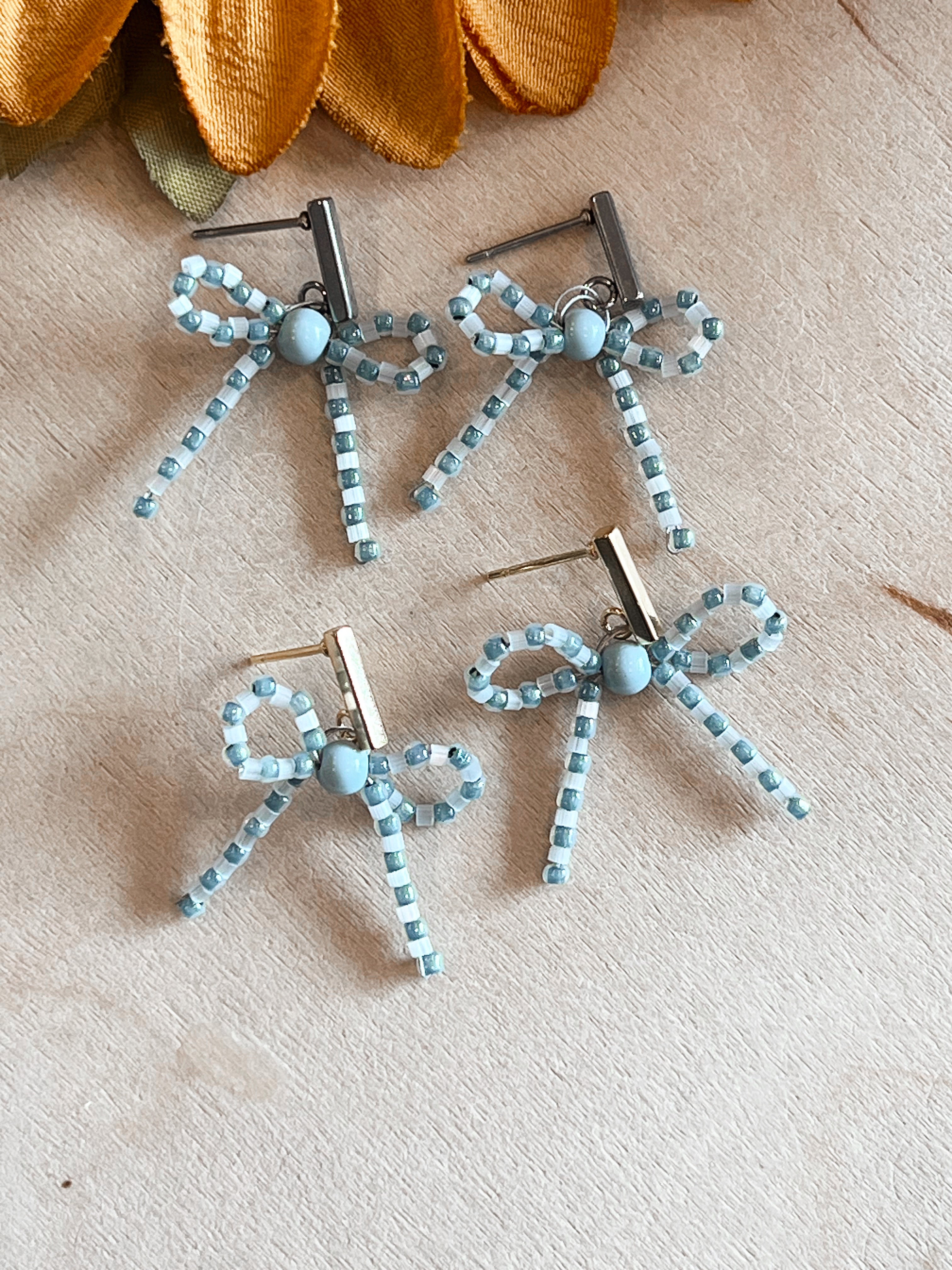 Blue Sparkle Bow Handbeaded Earrings