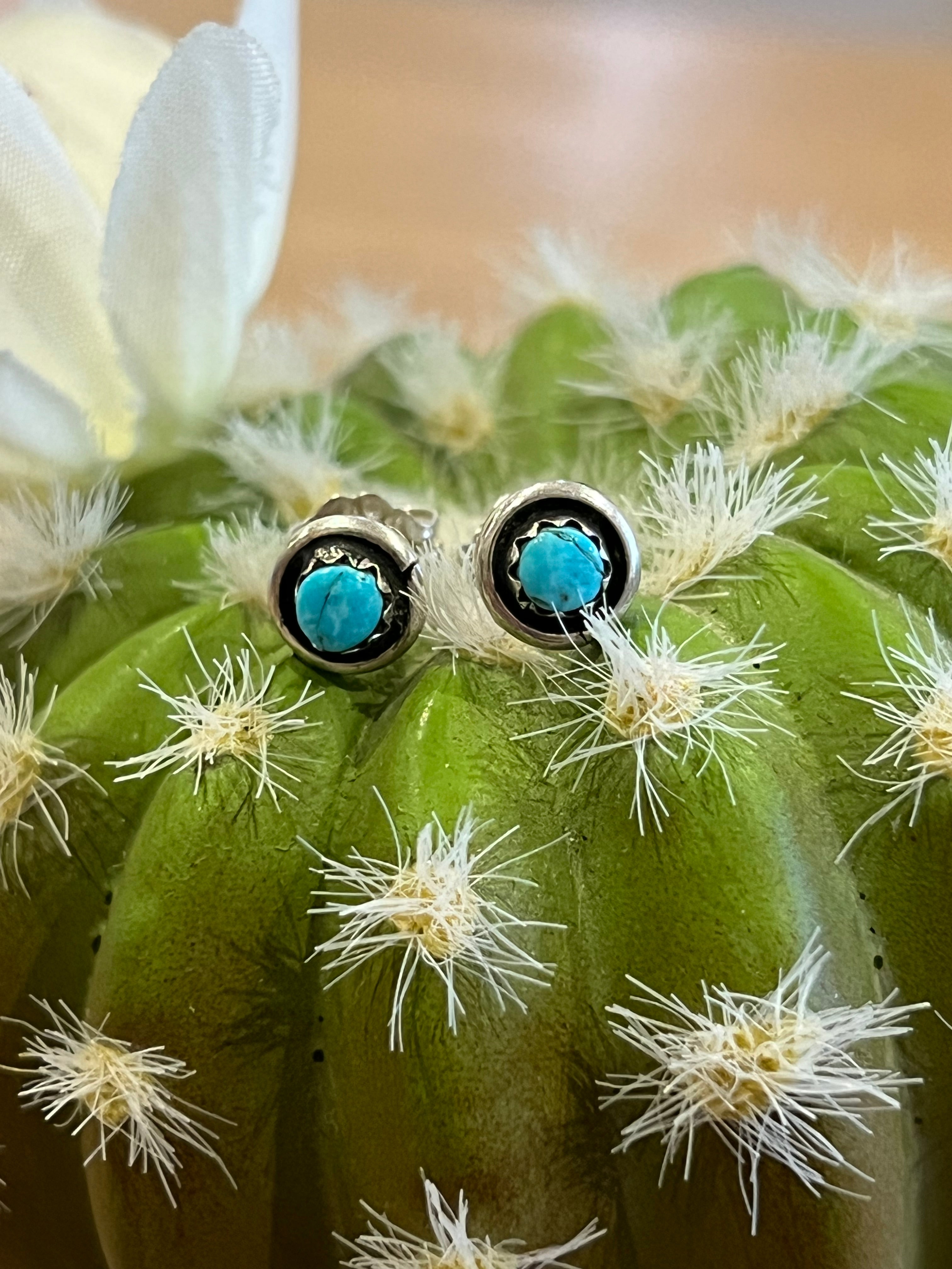 Tiny Framed Turquoise Sterling Silver Earringsu