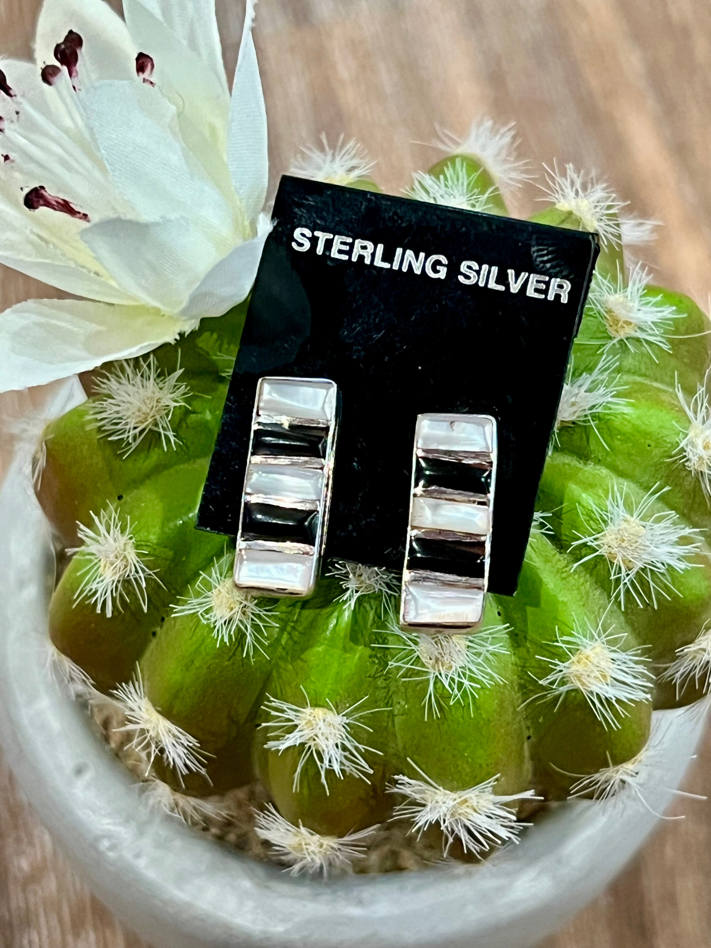 Stacked Opal & Onyx Stud Sterling Silver Earrings