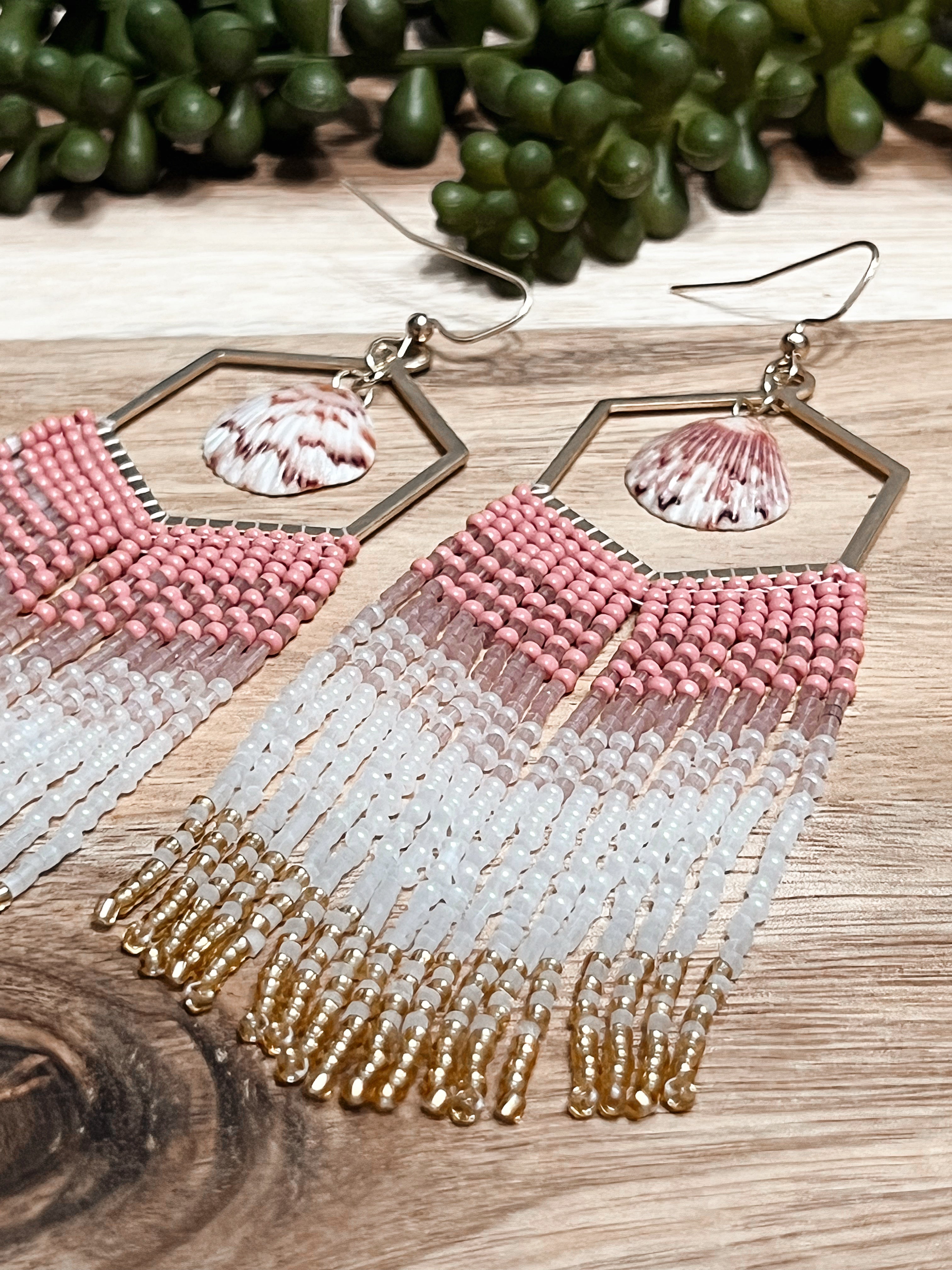 Shimmer Calico Shell Hand Beaded Earrings