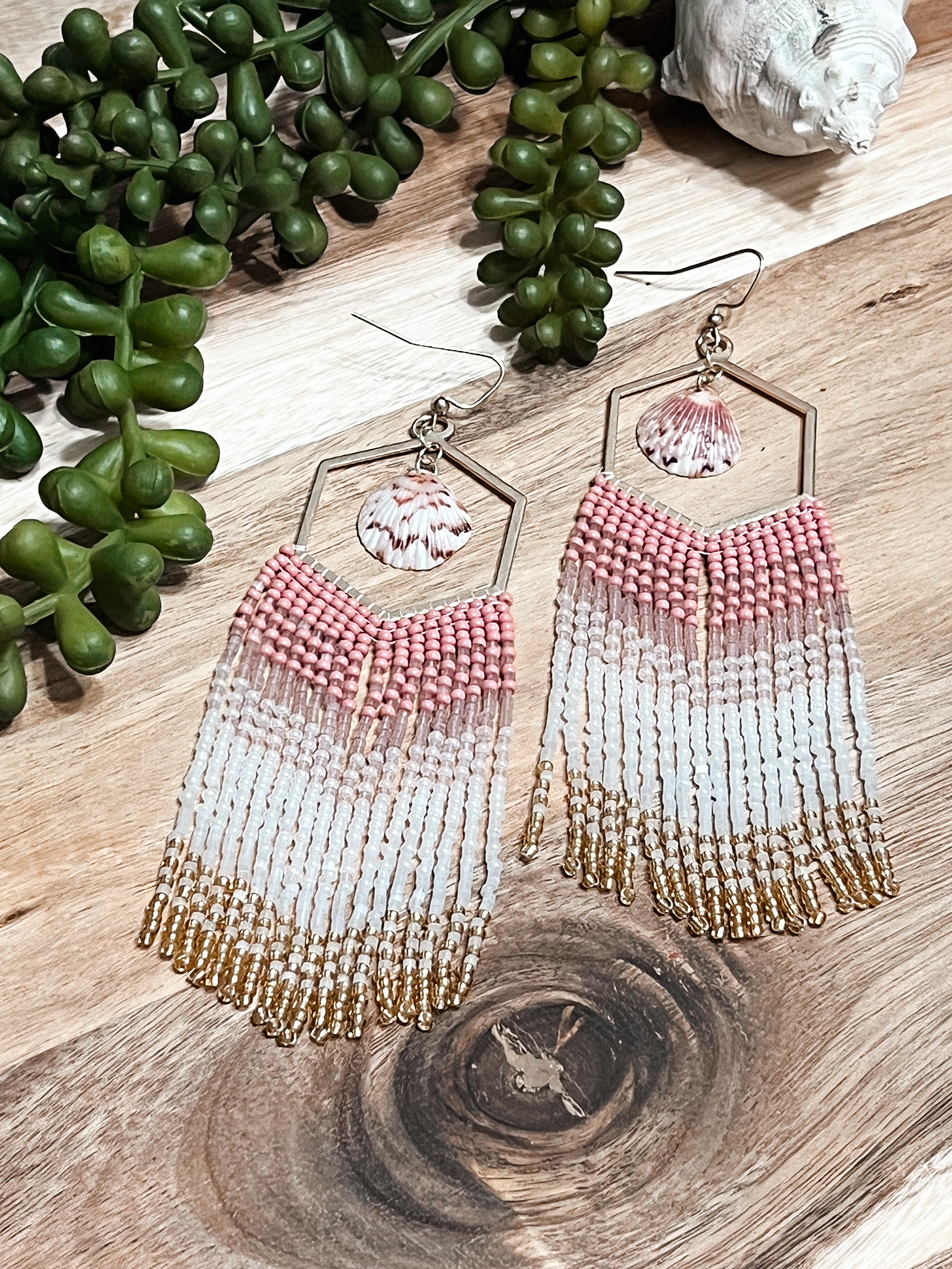 Shimmer Calico Shell Hand Beaded Earrings