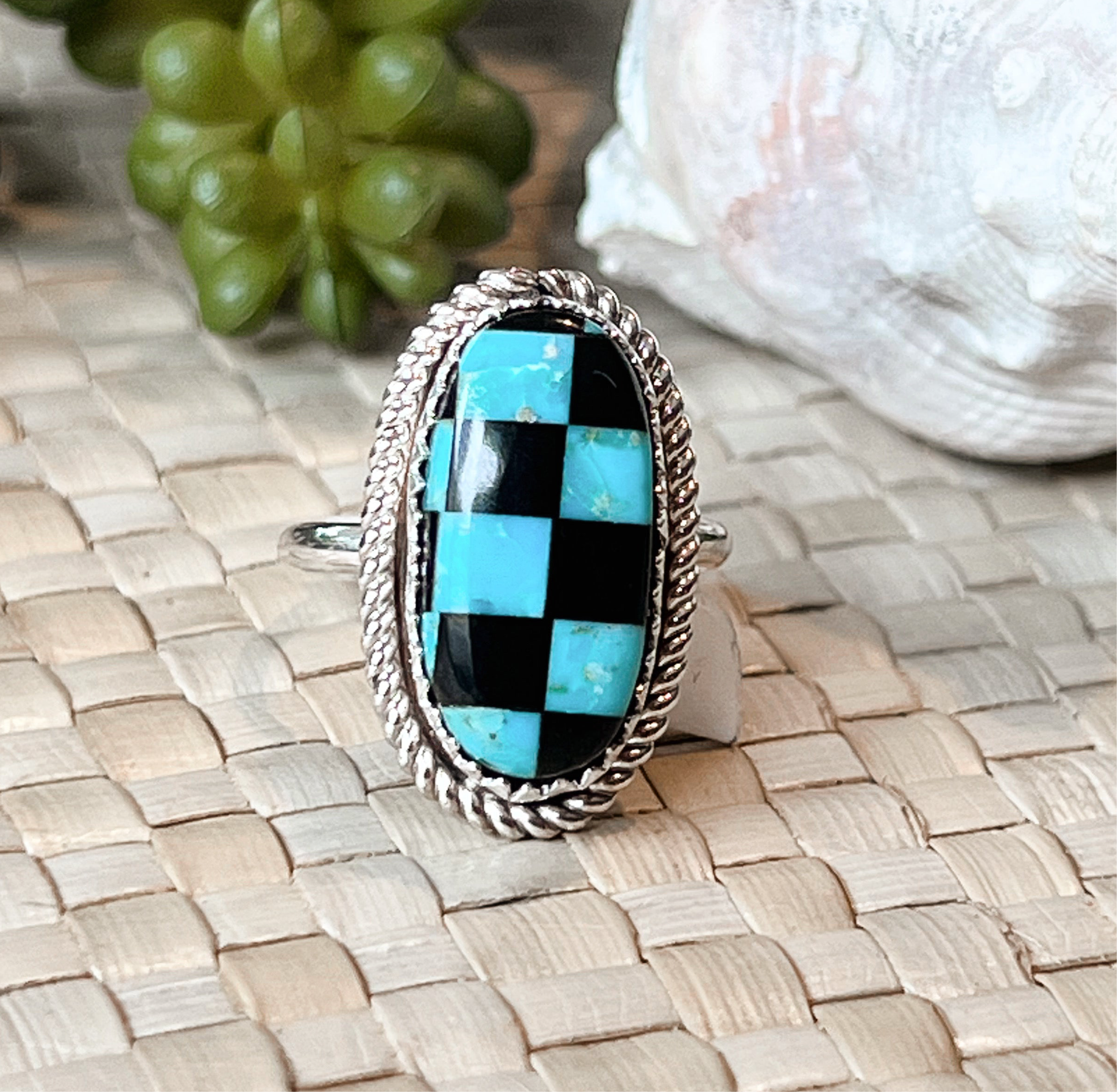 Luxe Lattice Checker Turquoise & Onyx Sterling Silver Ring