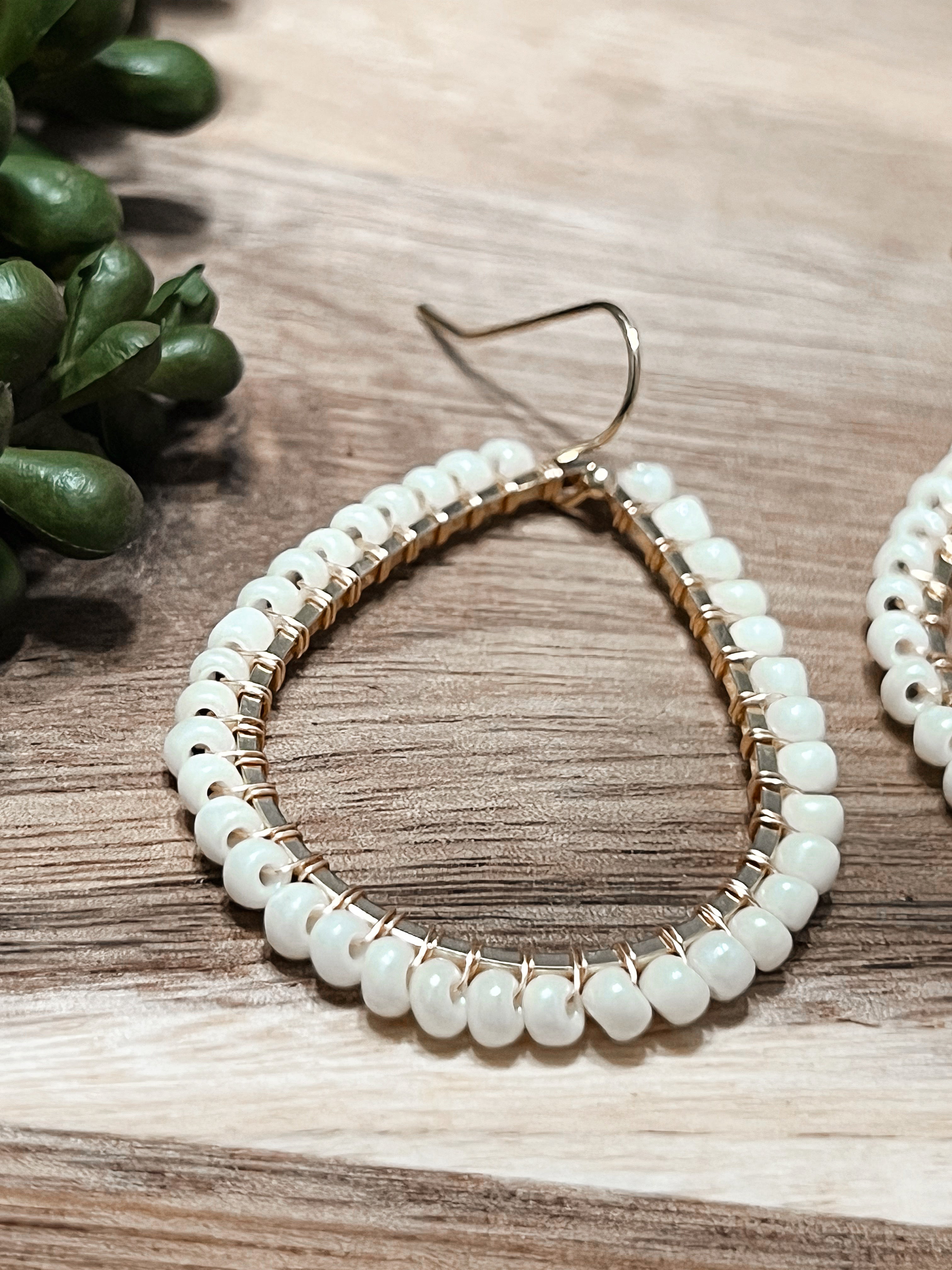 White Bead Frame Earrings