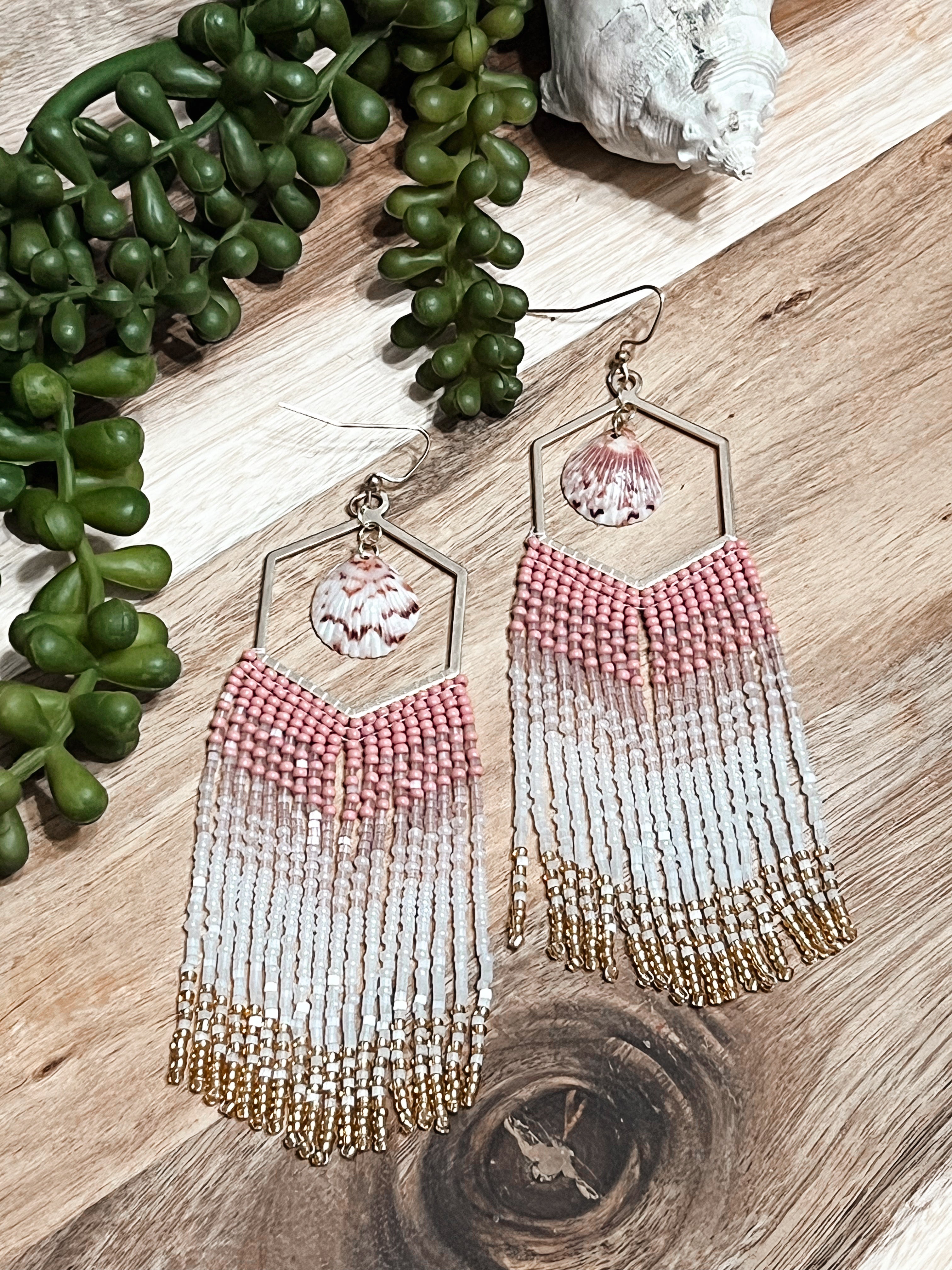 Shimmer Calico Shell Hand Beaded Earrings