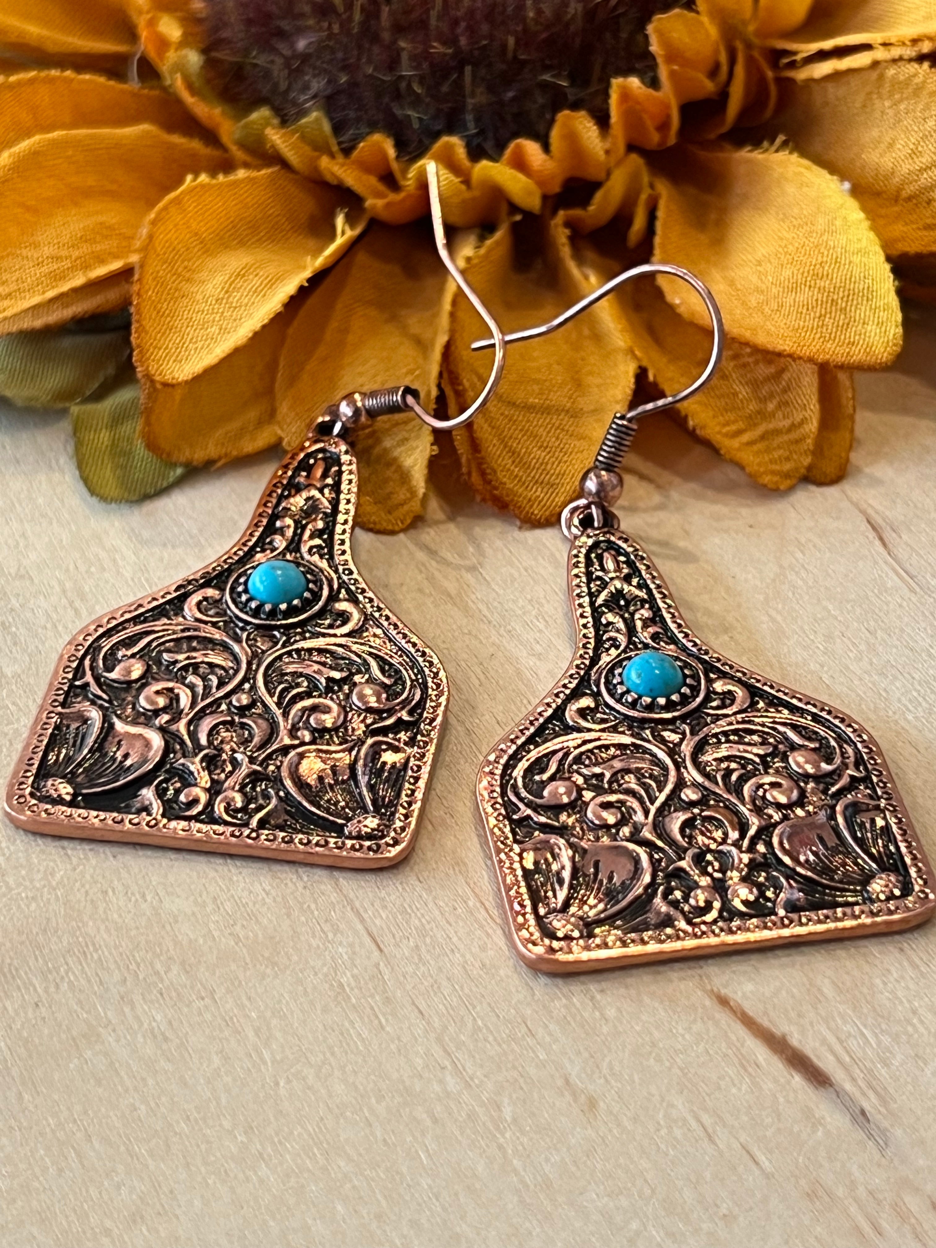 Copper Cow Tag Earrings