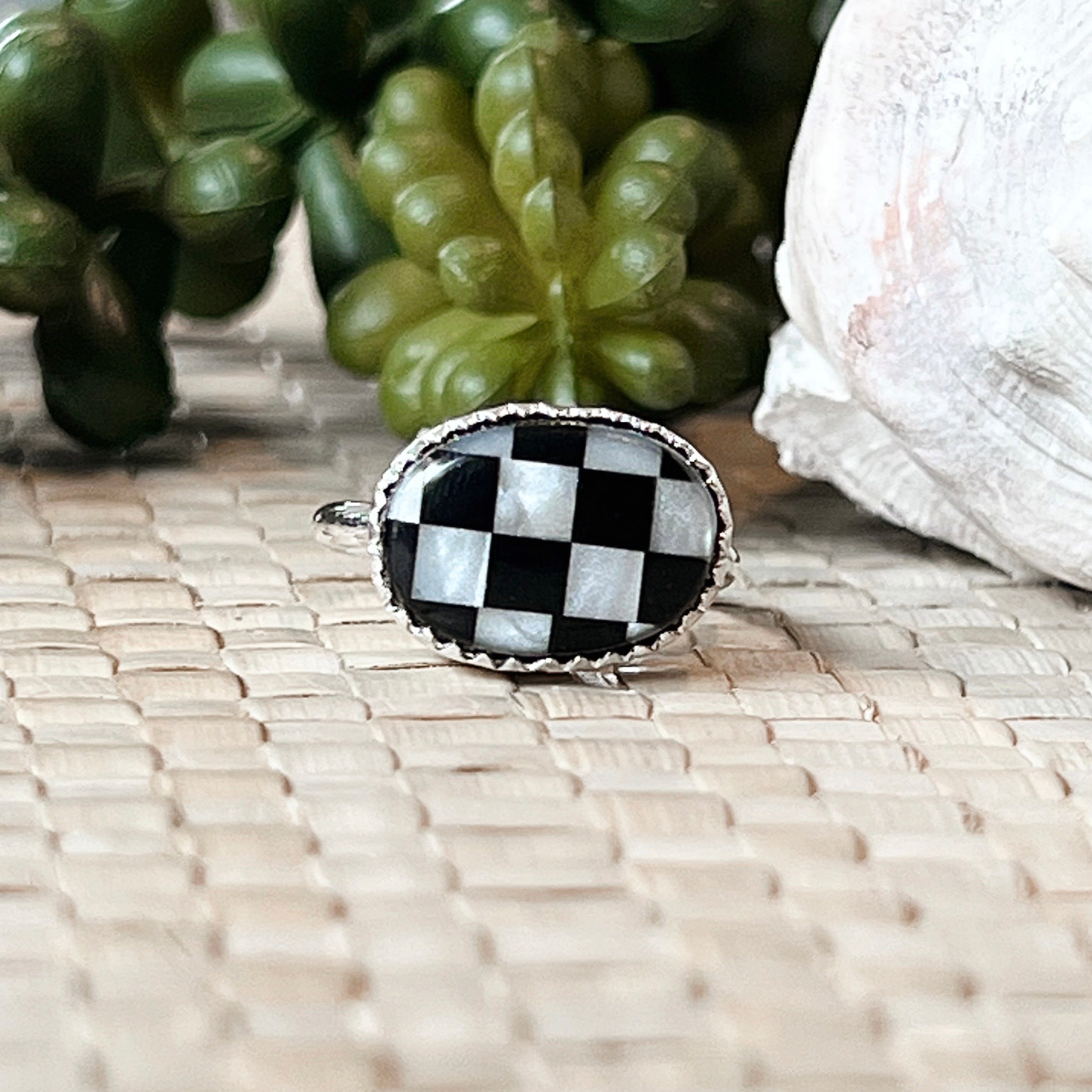 Side Eye Mother of Pearl & Onyx Sterling Silver Ring