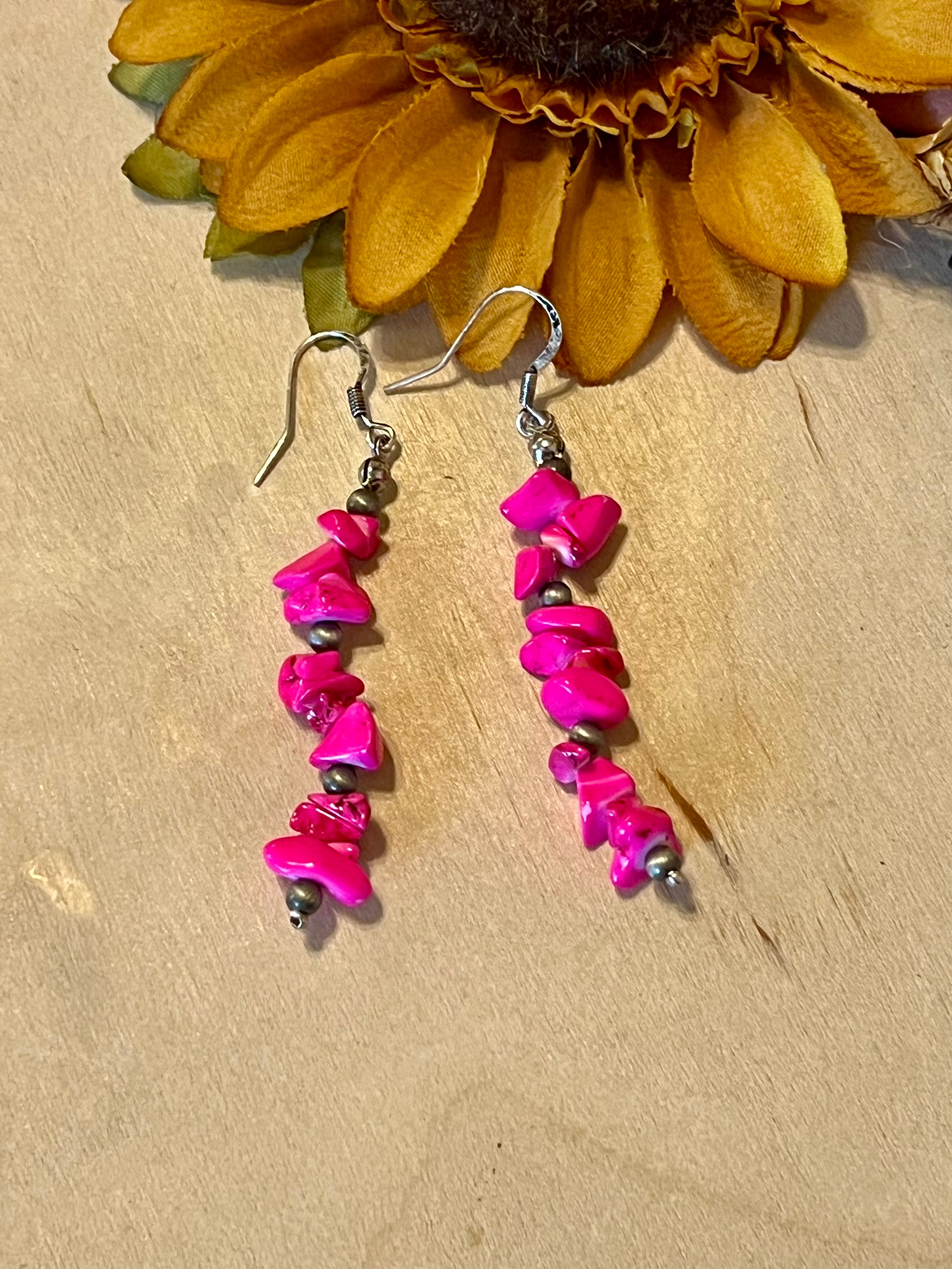 Hot Pink Stone Dangle Earrings