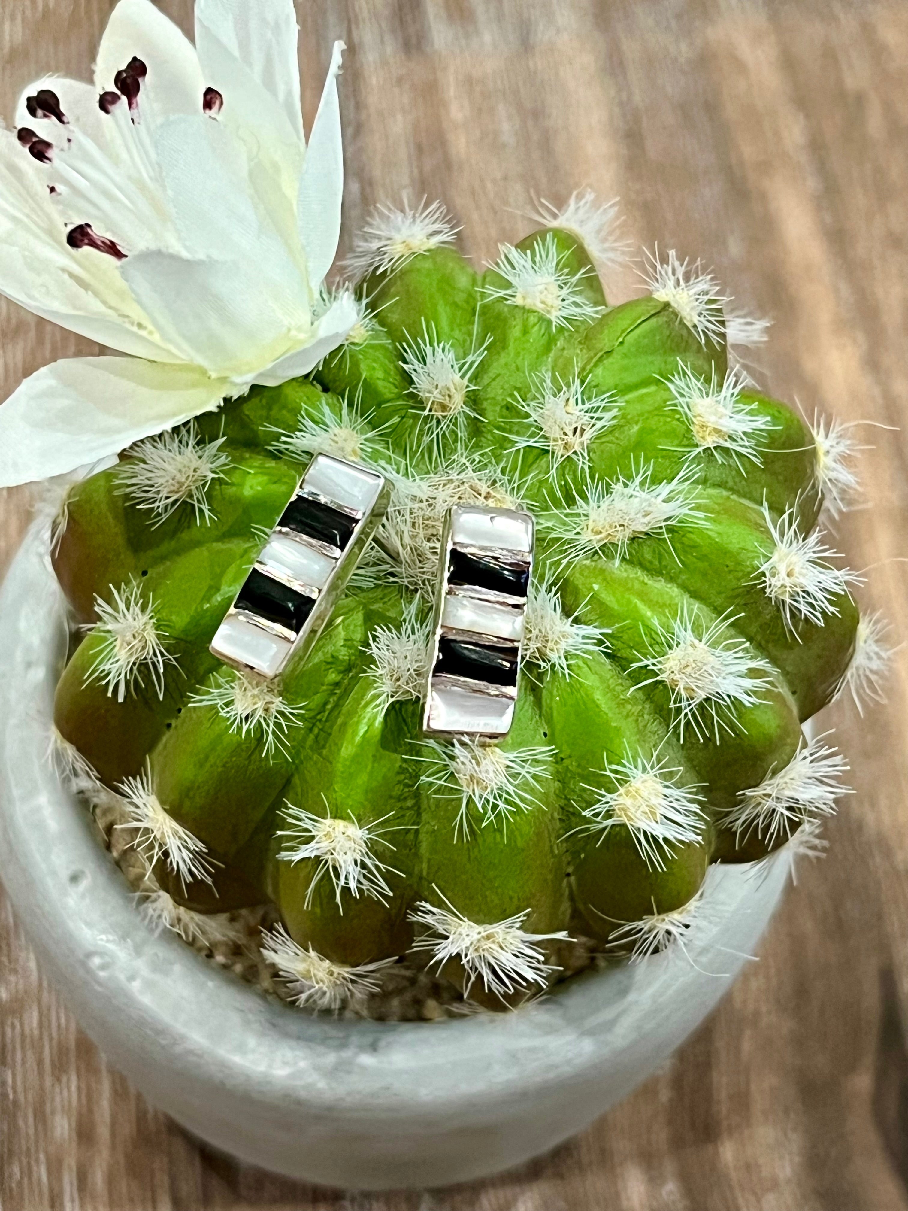 Stacked Opal & Onyx Stud Sterling Silver Earrings