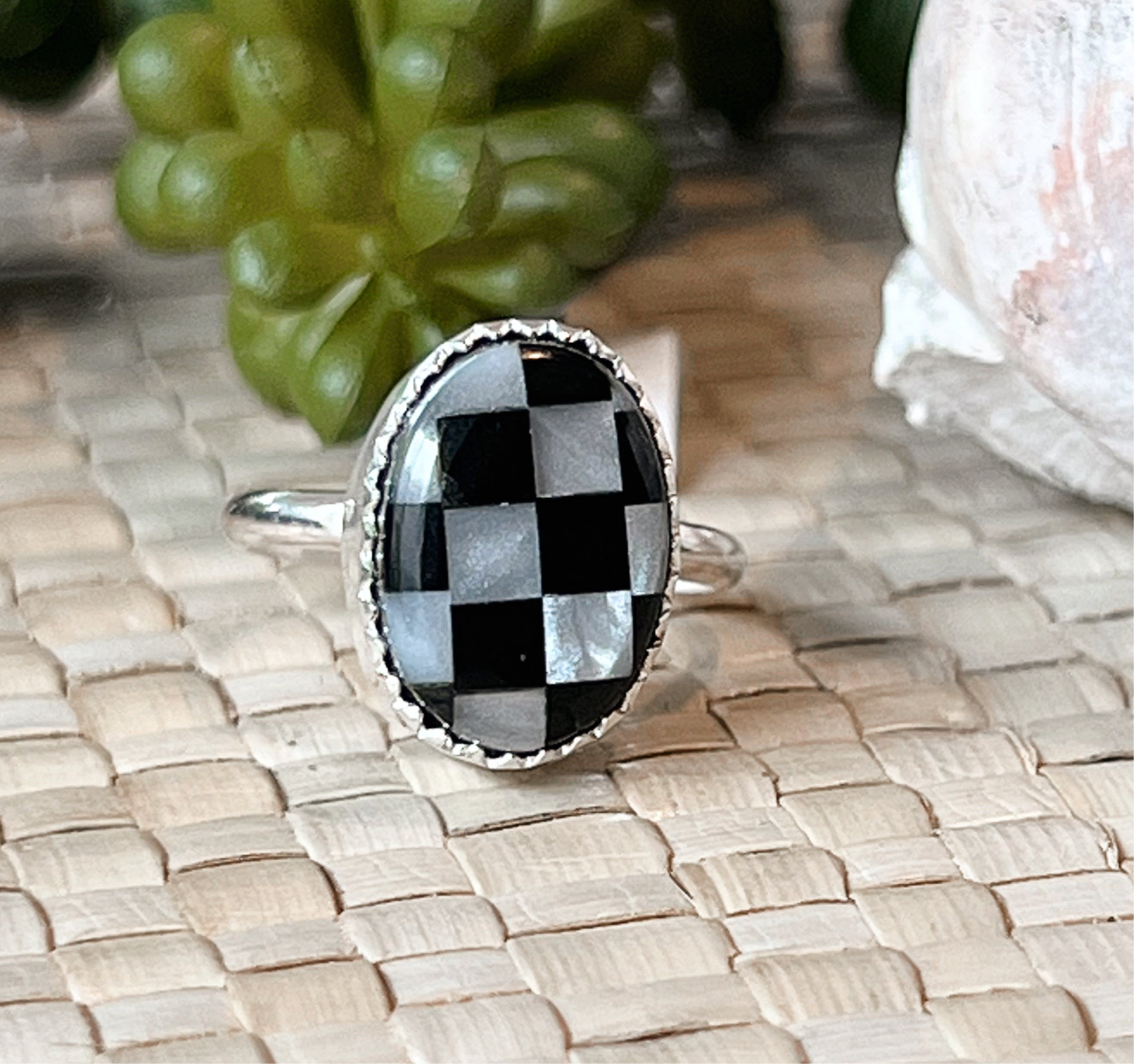Knightfall Checker Abalone & Onyx Sterling Silver Ring
