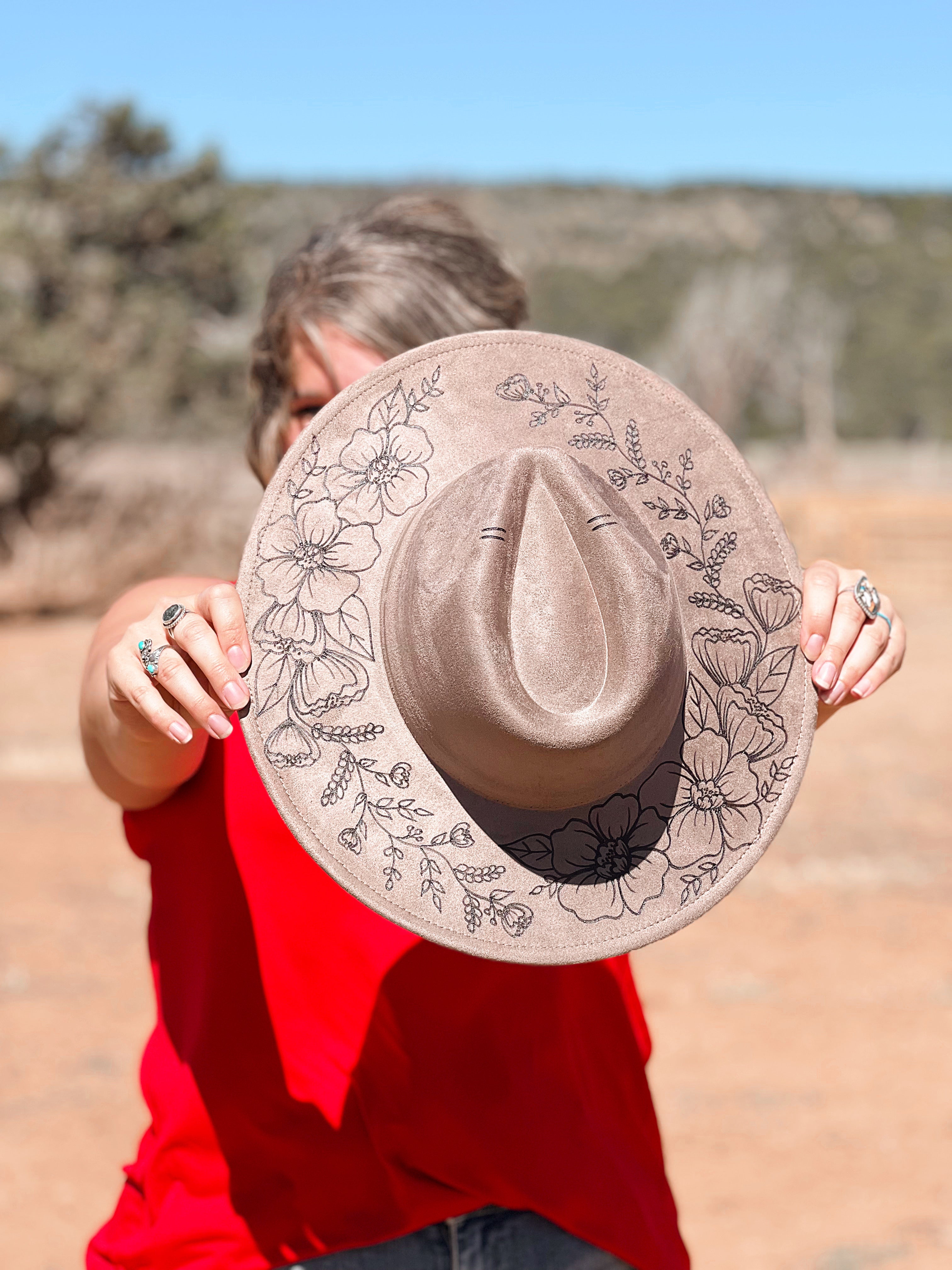 Taupe Flowers Hand Burned Hat