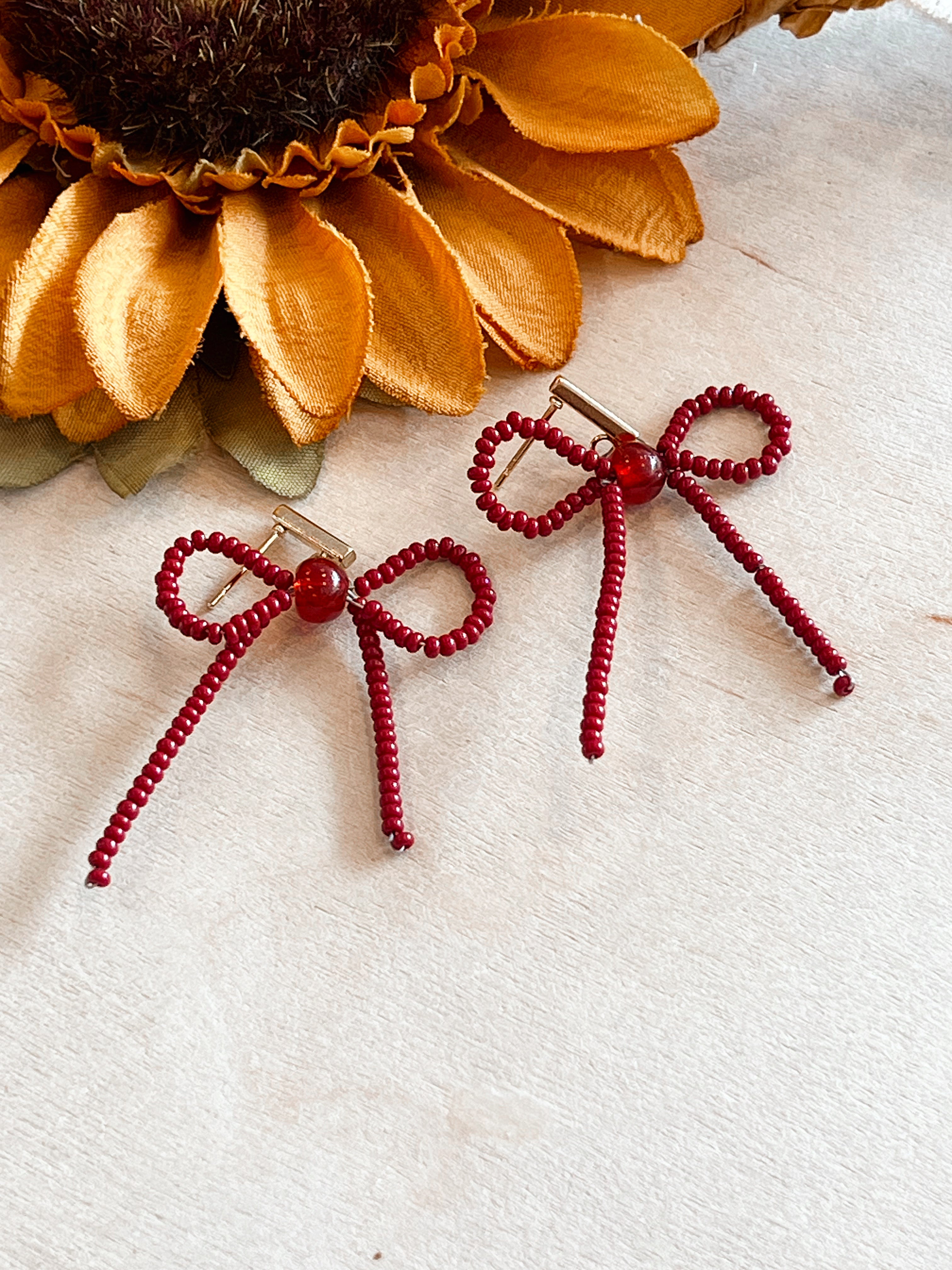 Red Bow Handbeaded Earrings