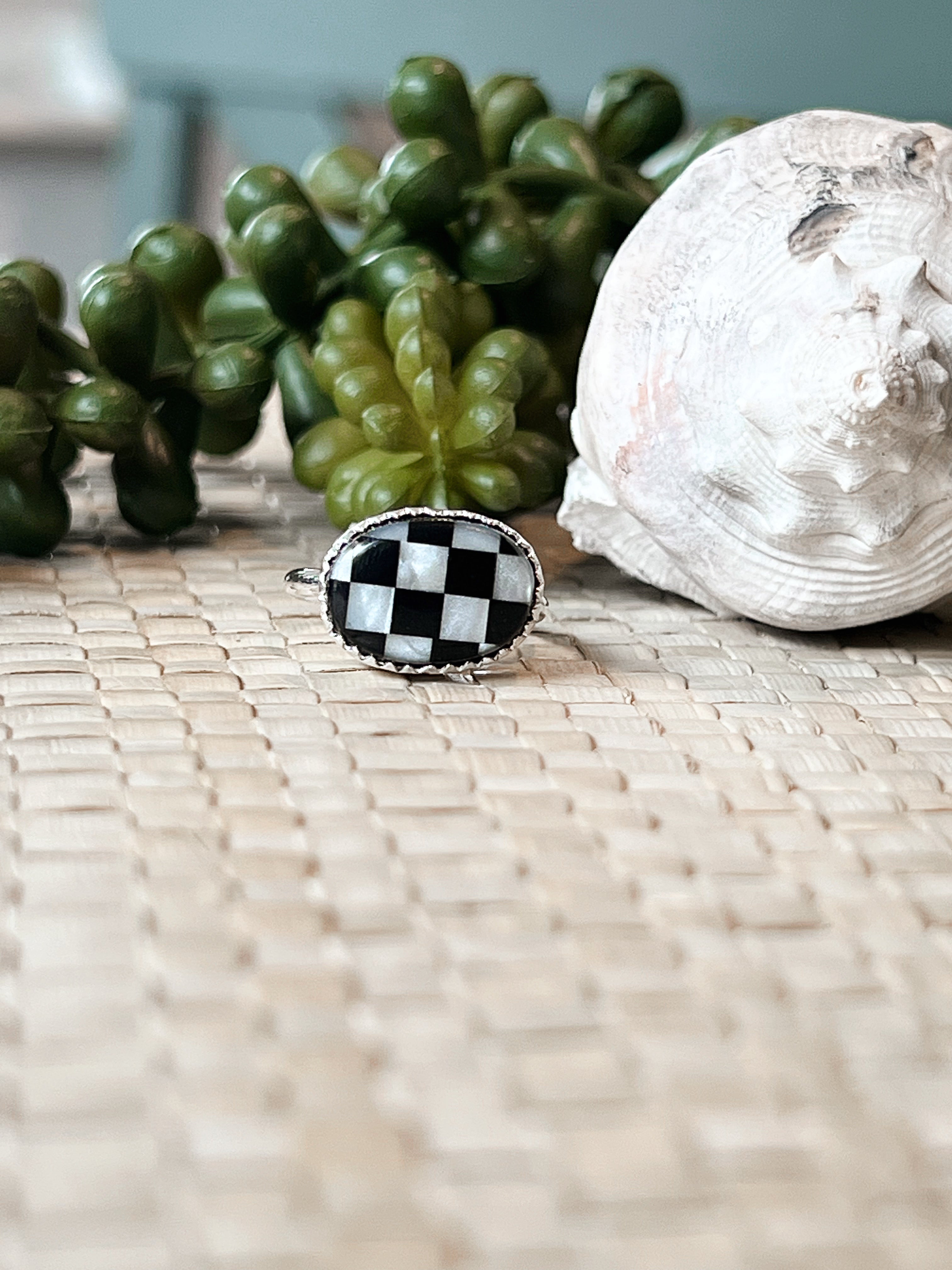 Side Eye Mother of Pearl & Onyx Sterling Silver Ring