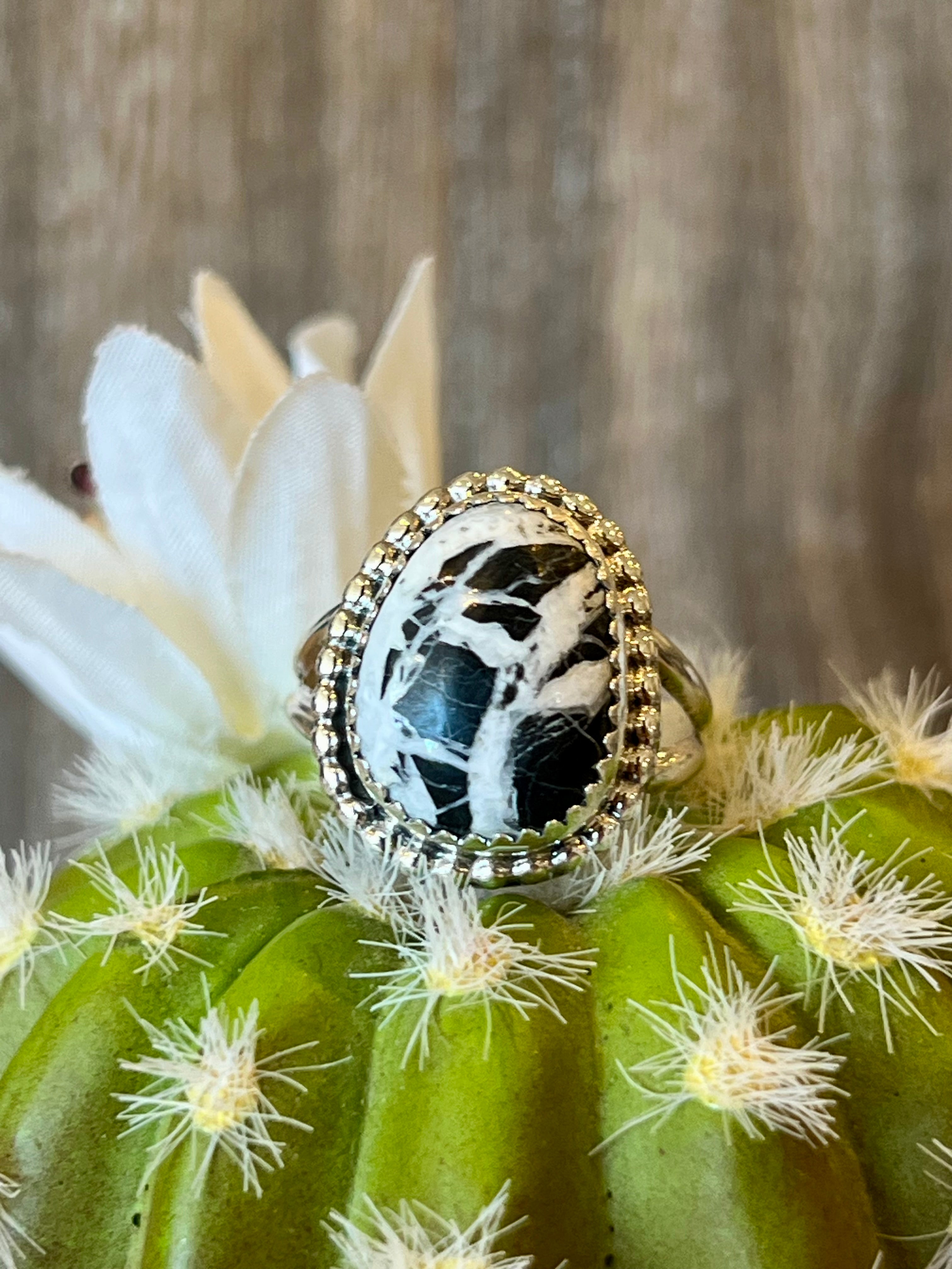 Spider Web White Buffalo Sterling Silver Ring