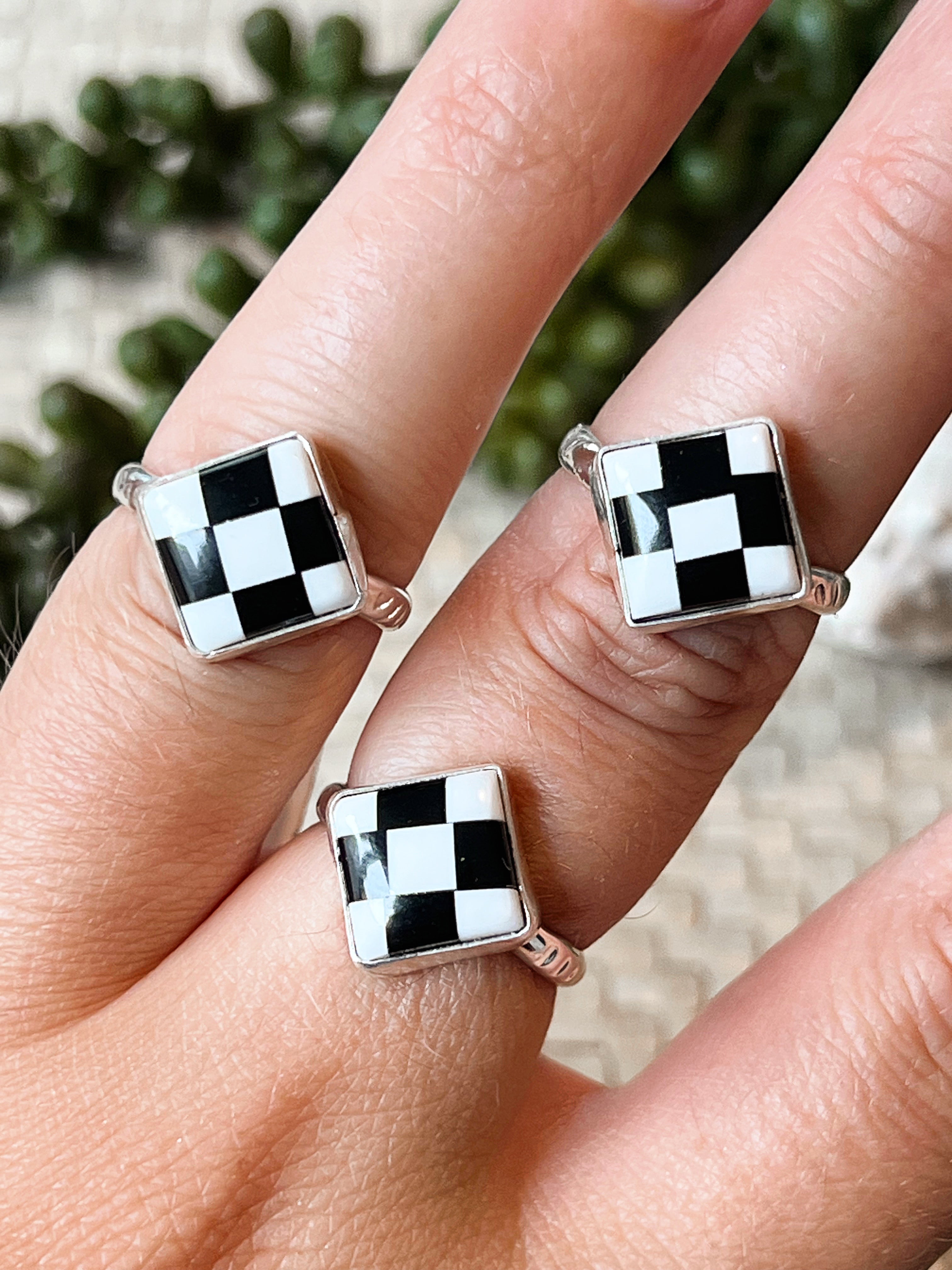 Queen’s Gambit Checker White Buffalo & Onyx Sterling Silver Ring