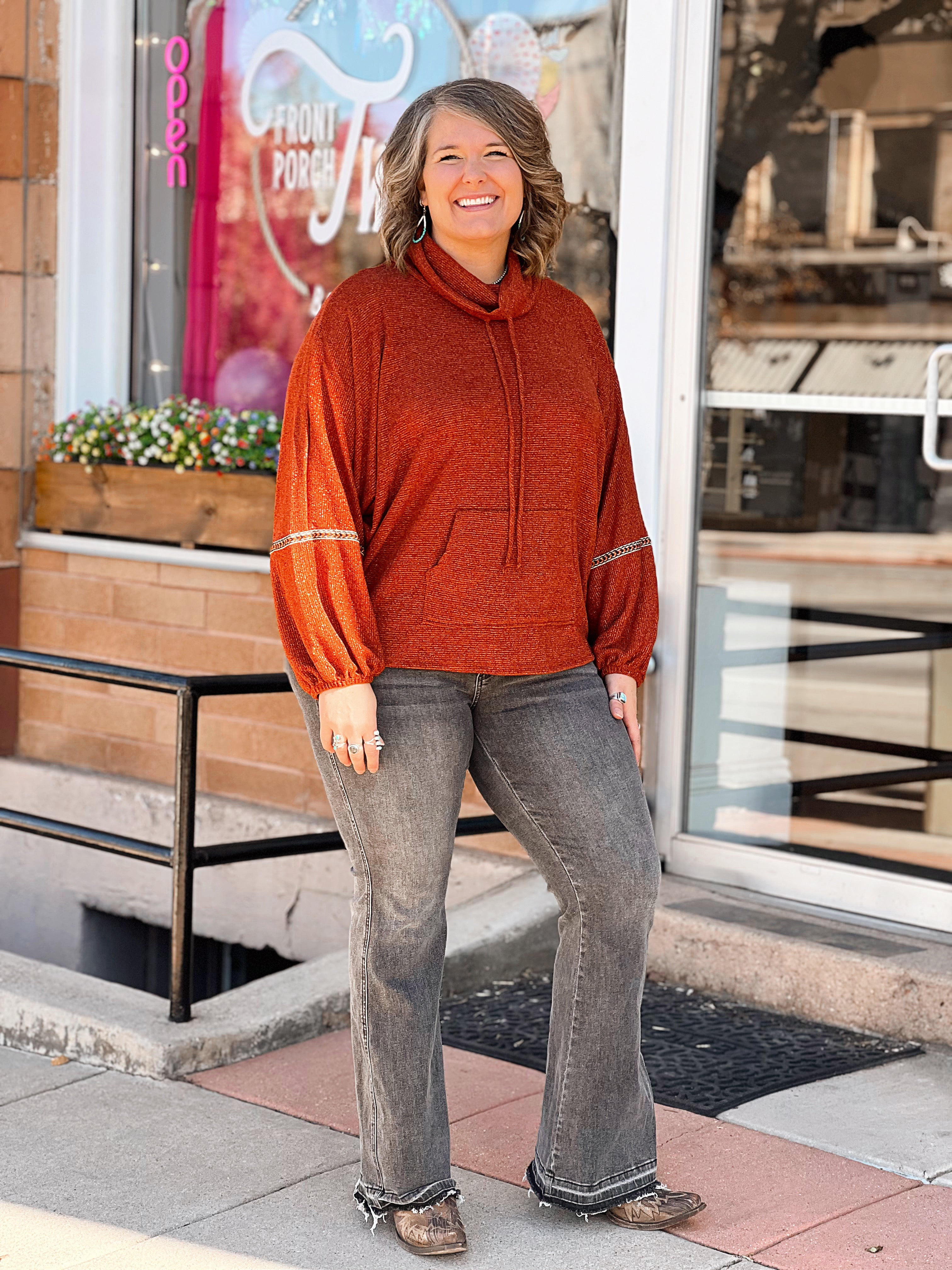 Shimmer Rust Cowl Neck Top