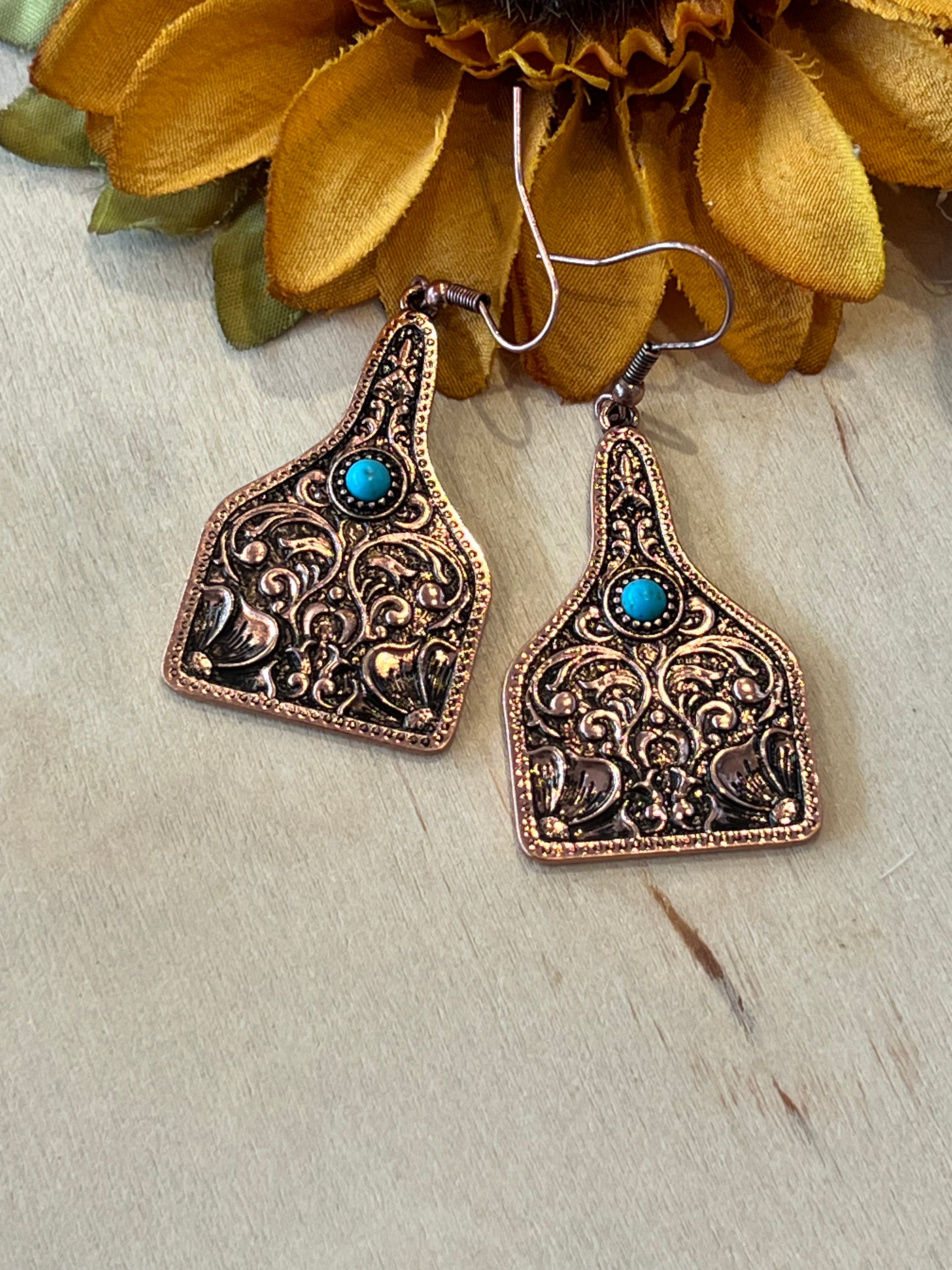 Copper Cow Tag Earrings