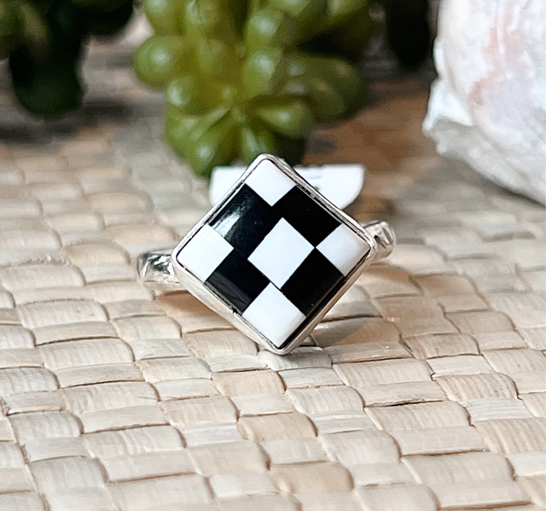 Queen’s Gambit Checker White Buffalo & Onyx Sterling Silver Ring