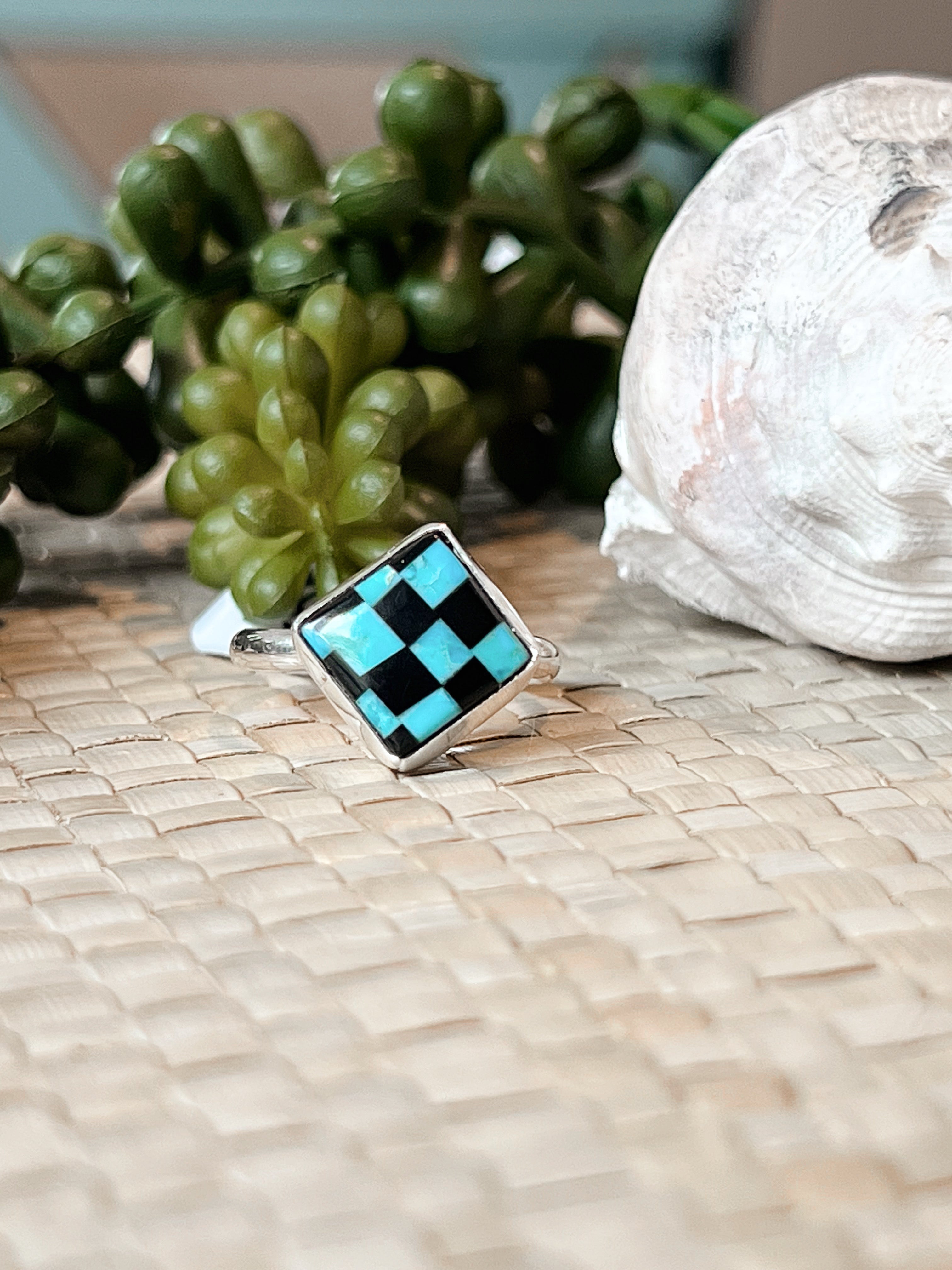 Stone Mosaic Turquoise & Onyx Sterling Silver Ring