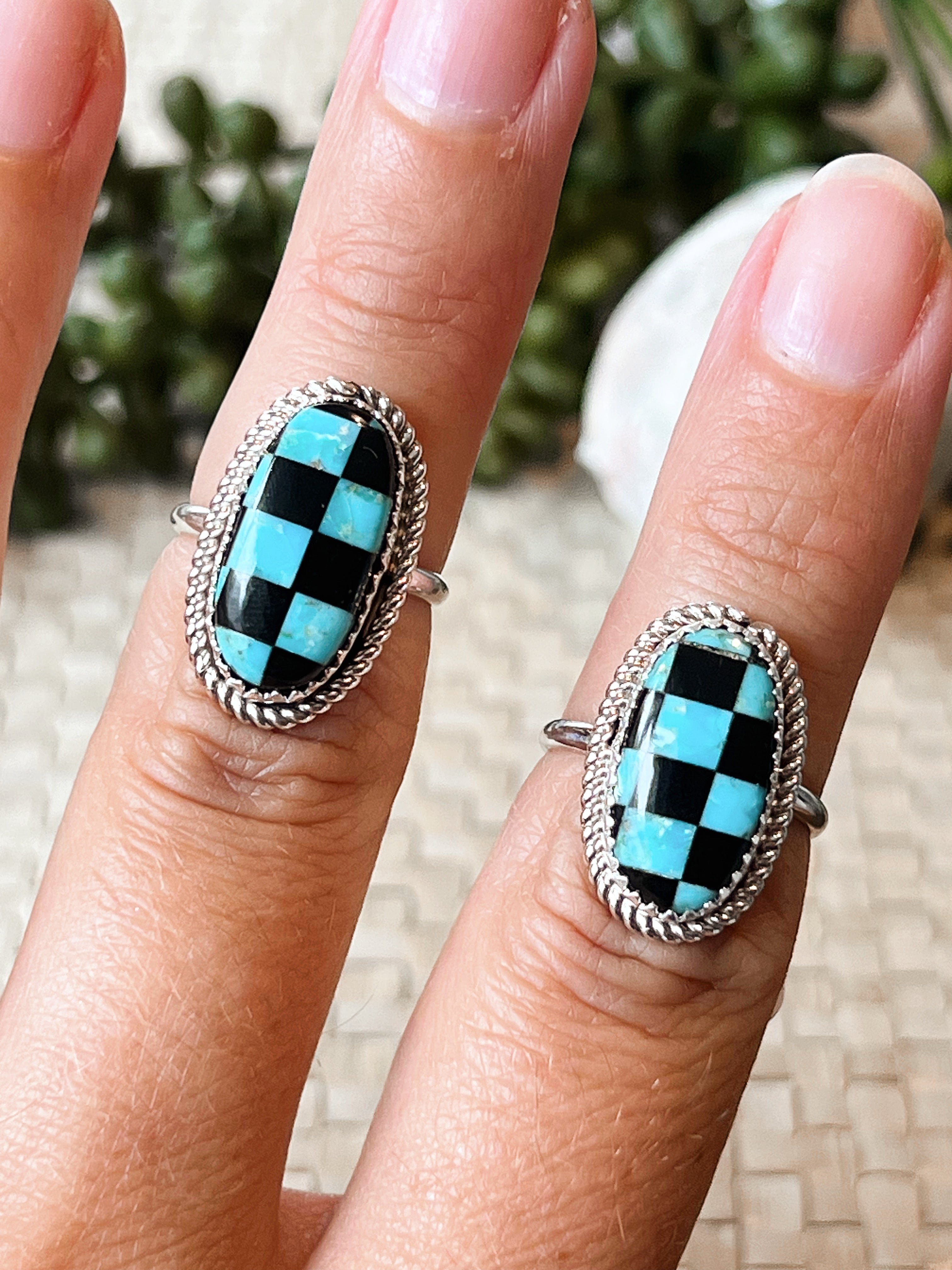 Luxe Lattice Checker Turquoise & Onyx Sterling Silver Ring