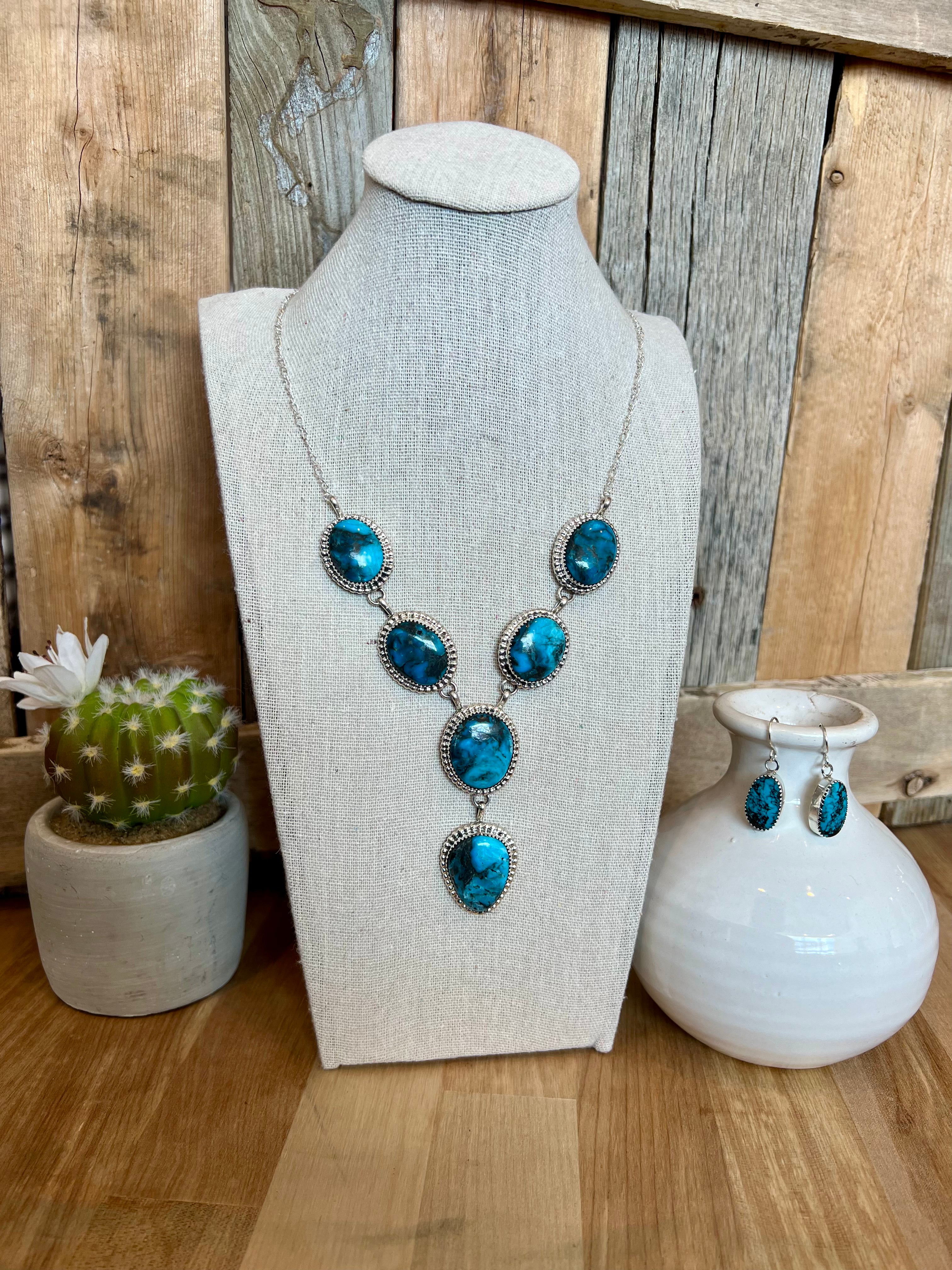 Waterfall Turquoise Sterling Silver Necklace & Earring Set