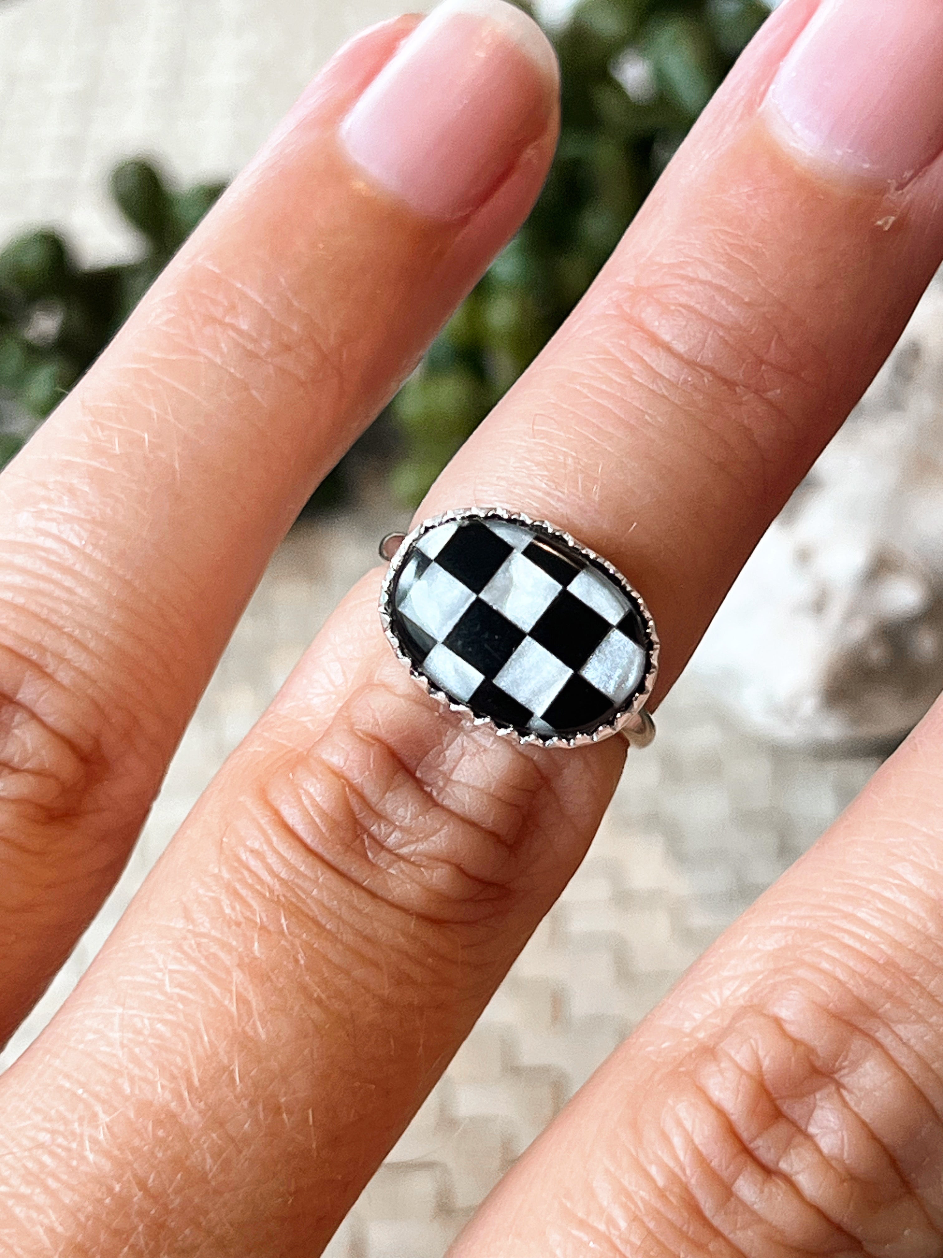 Side Eye Mother of Pearl & Onyx Sterling Silver Ring