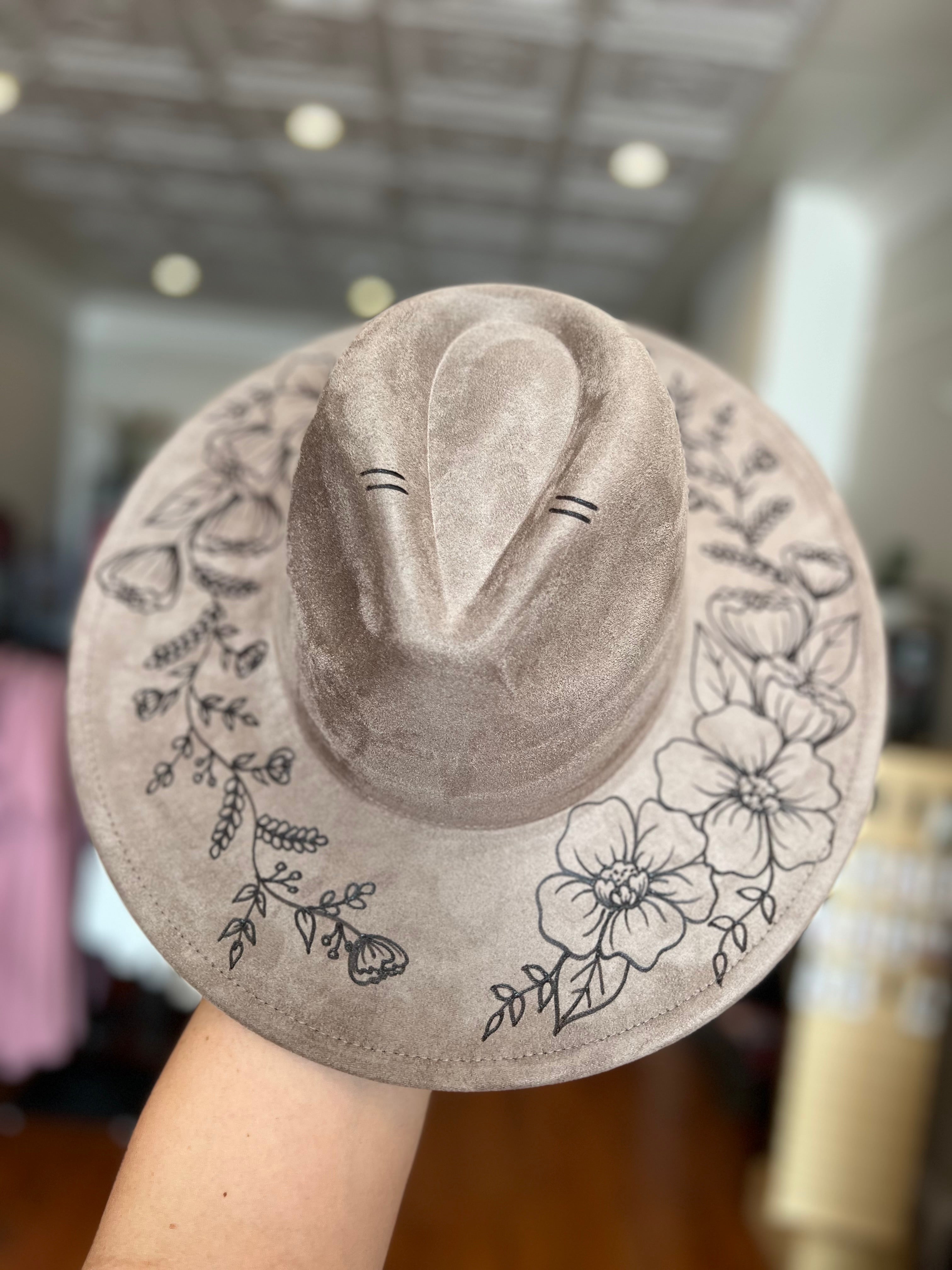 Taupe Flowers Hand Burned Hat